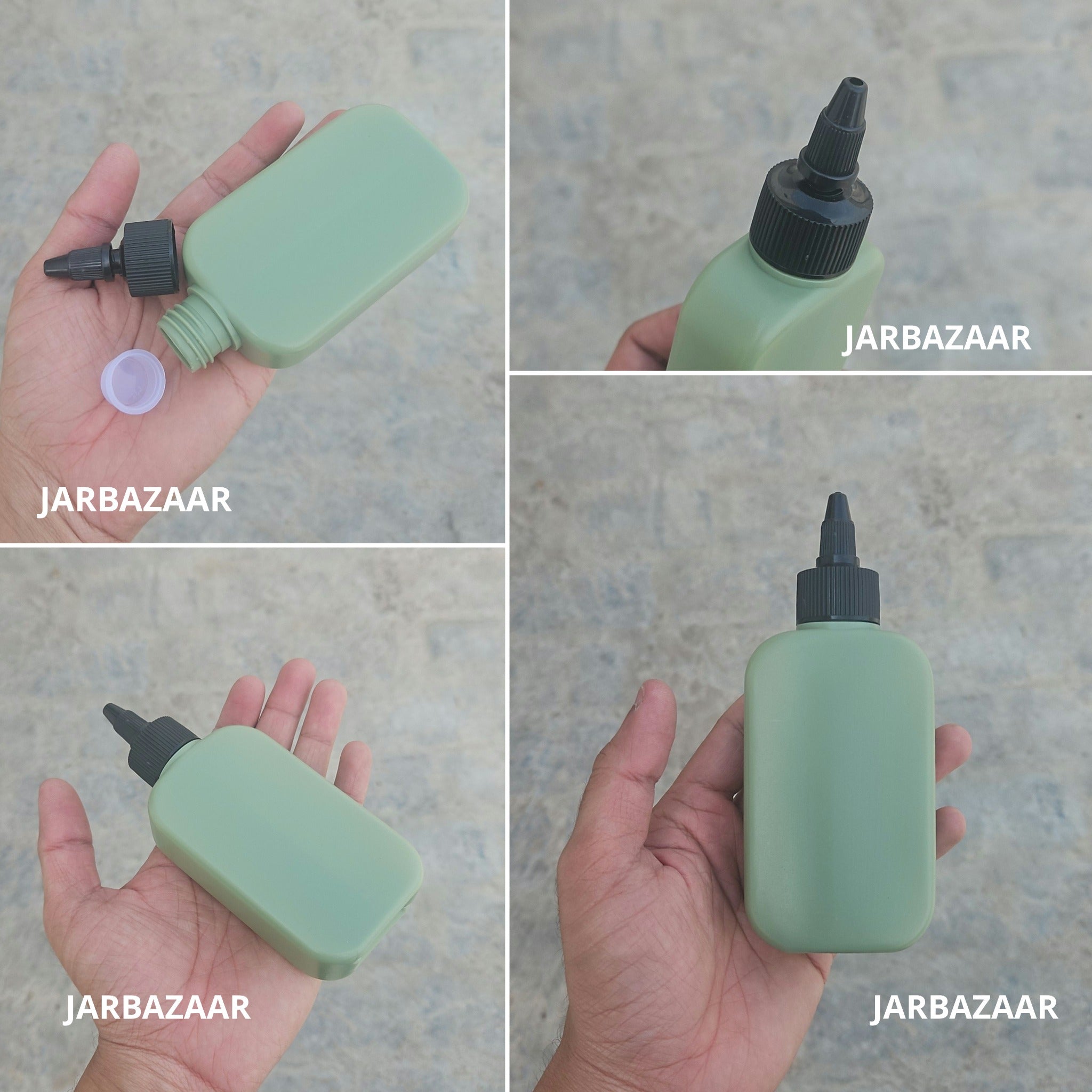 125 ML flat dark green HDPE bottle with black nozzle cap
