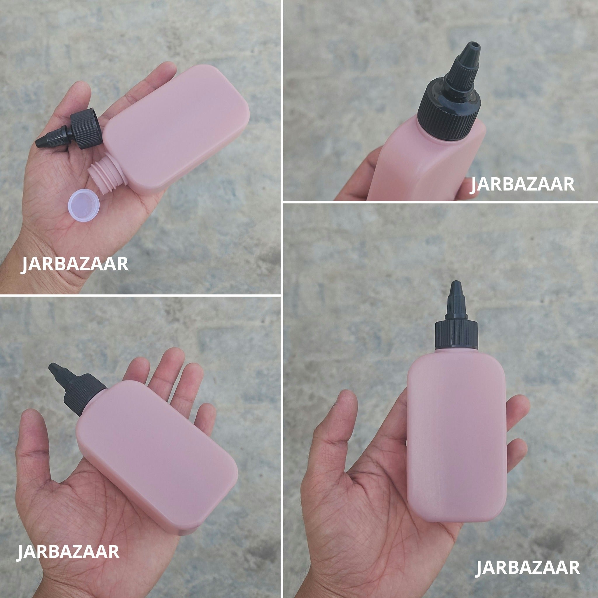 125 ML flat dark pink HDPE bottle with black nozzle cap