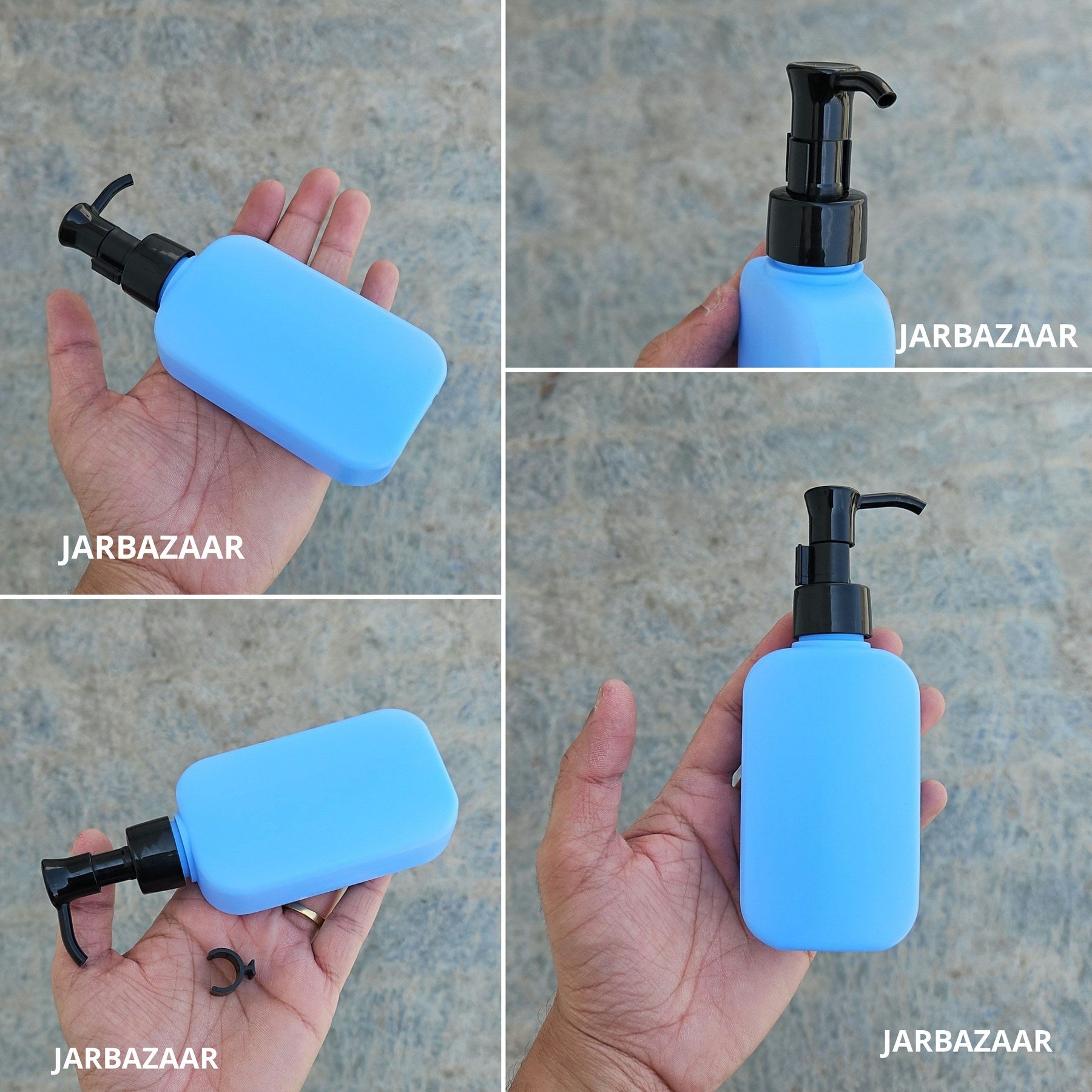 125 ML flat blue HDPE bottle with black sleek dispenser pump