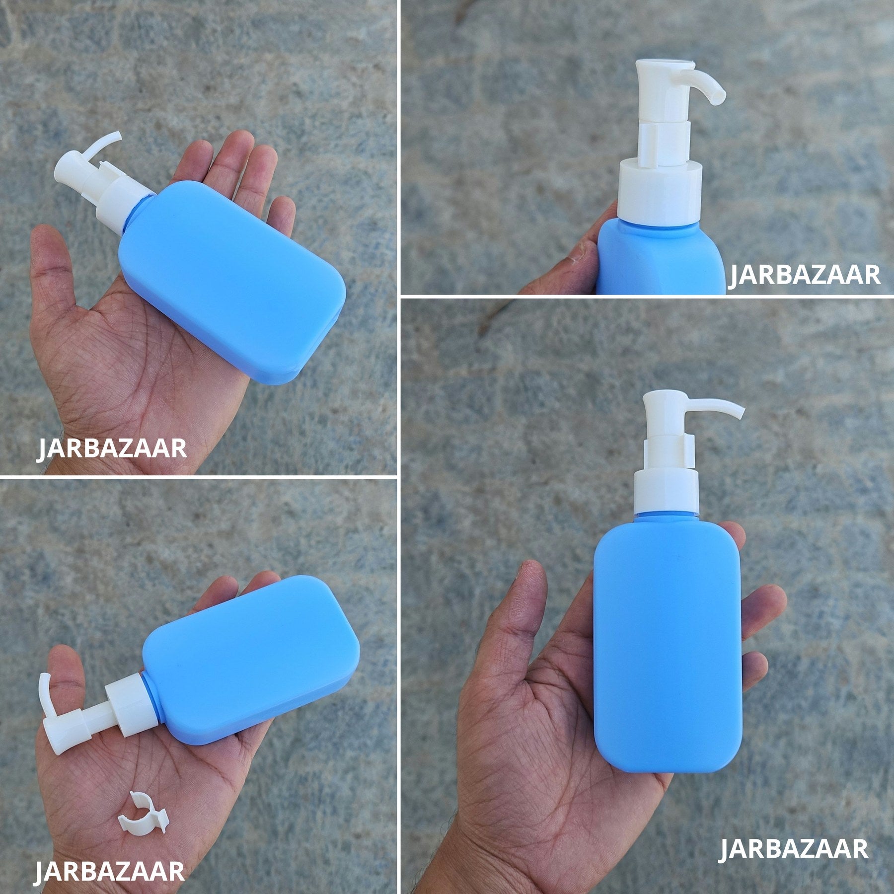 125 ML flat blue HDPE bottle with white sleek dispenser pump