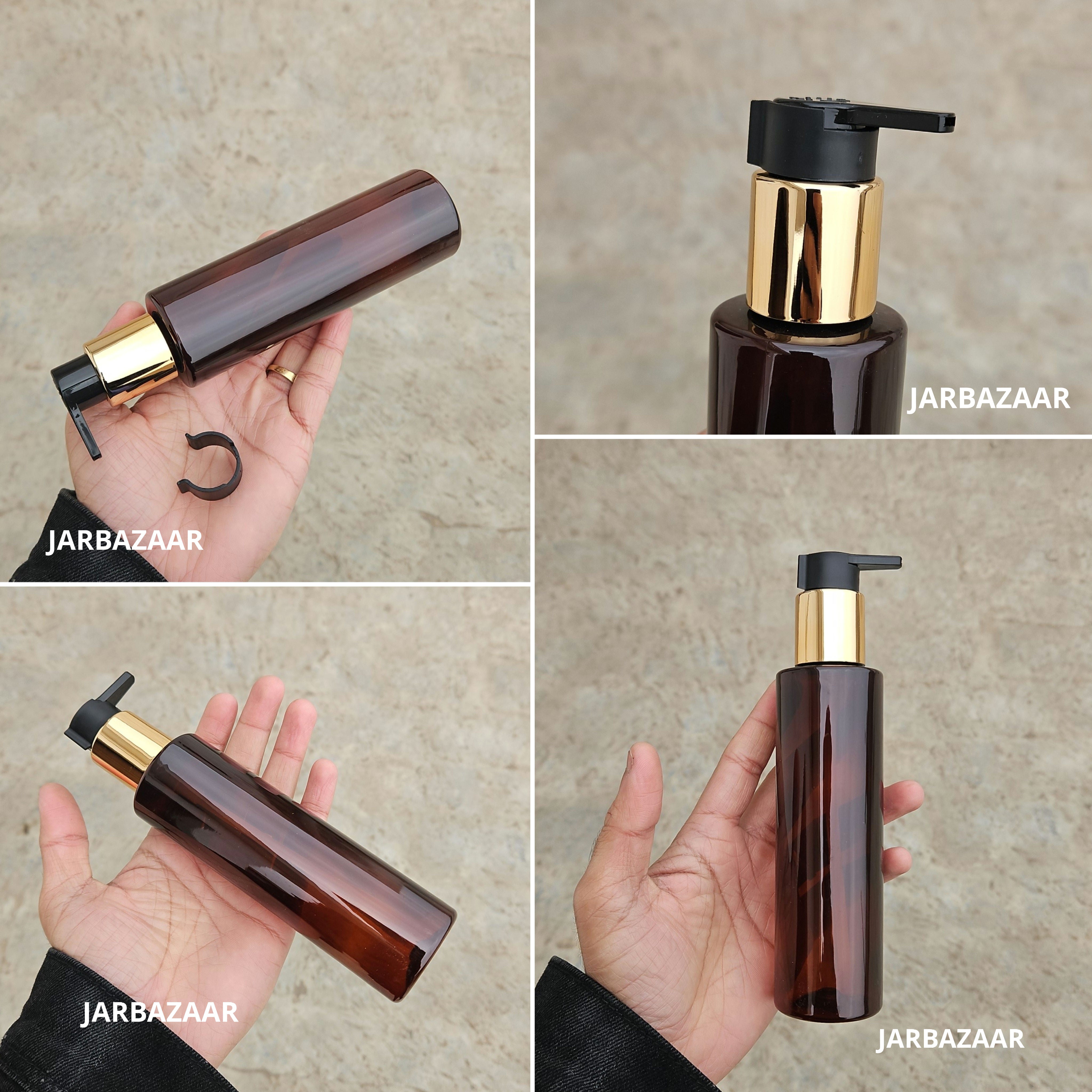 200 Ml Sleek Amber Pet Bottle - Golden Black Fancy Clip Lock Dispenser