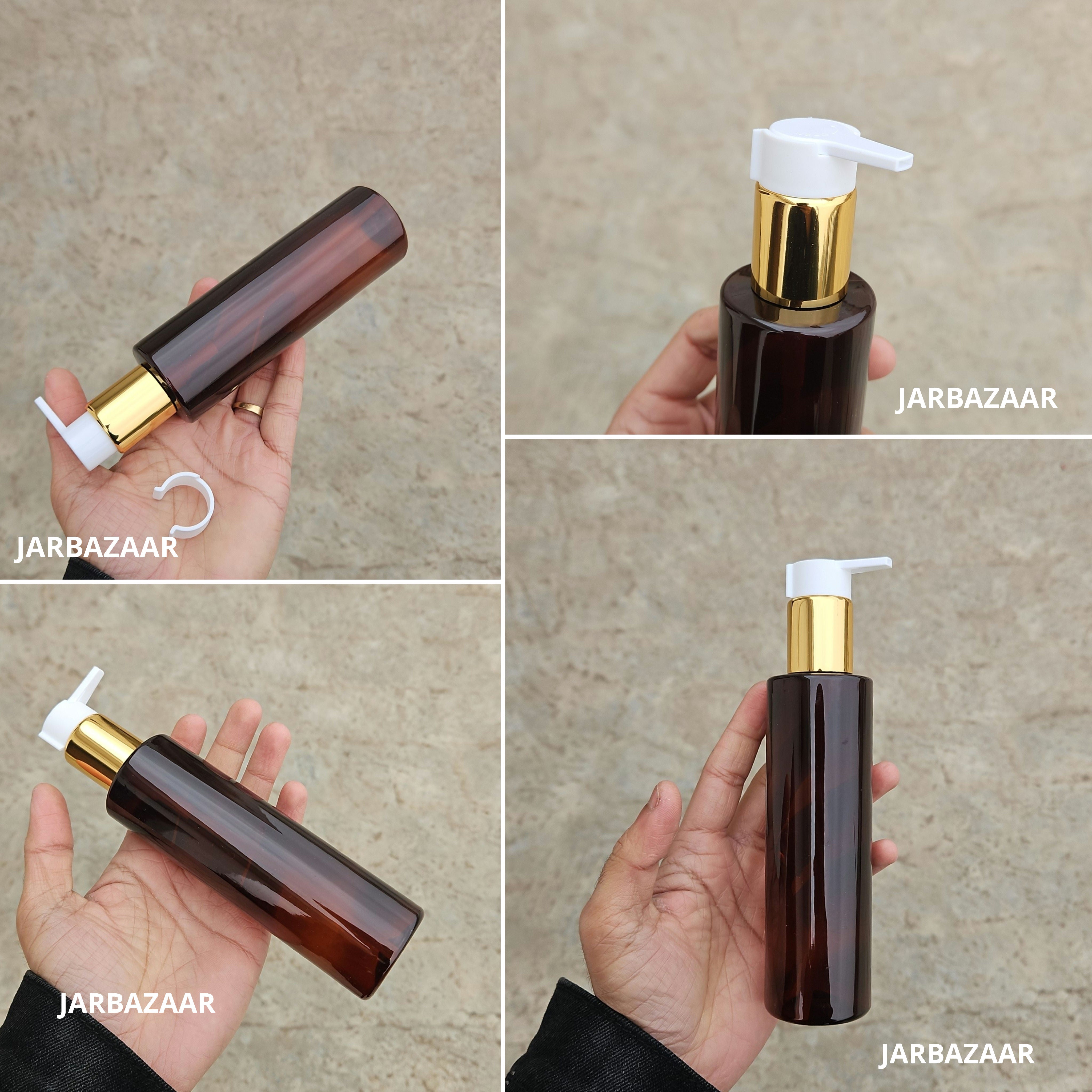 200 Ml Sleek Amber Pet Bottle - Golden White Fancy Clip Lock Dispenser
