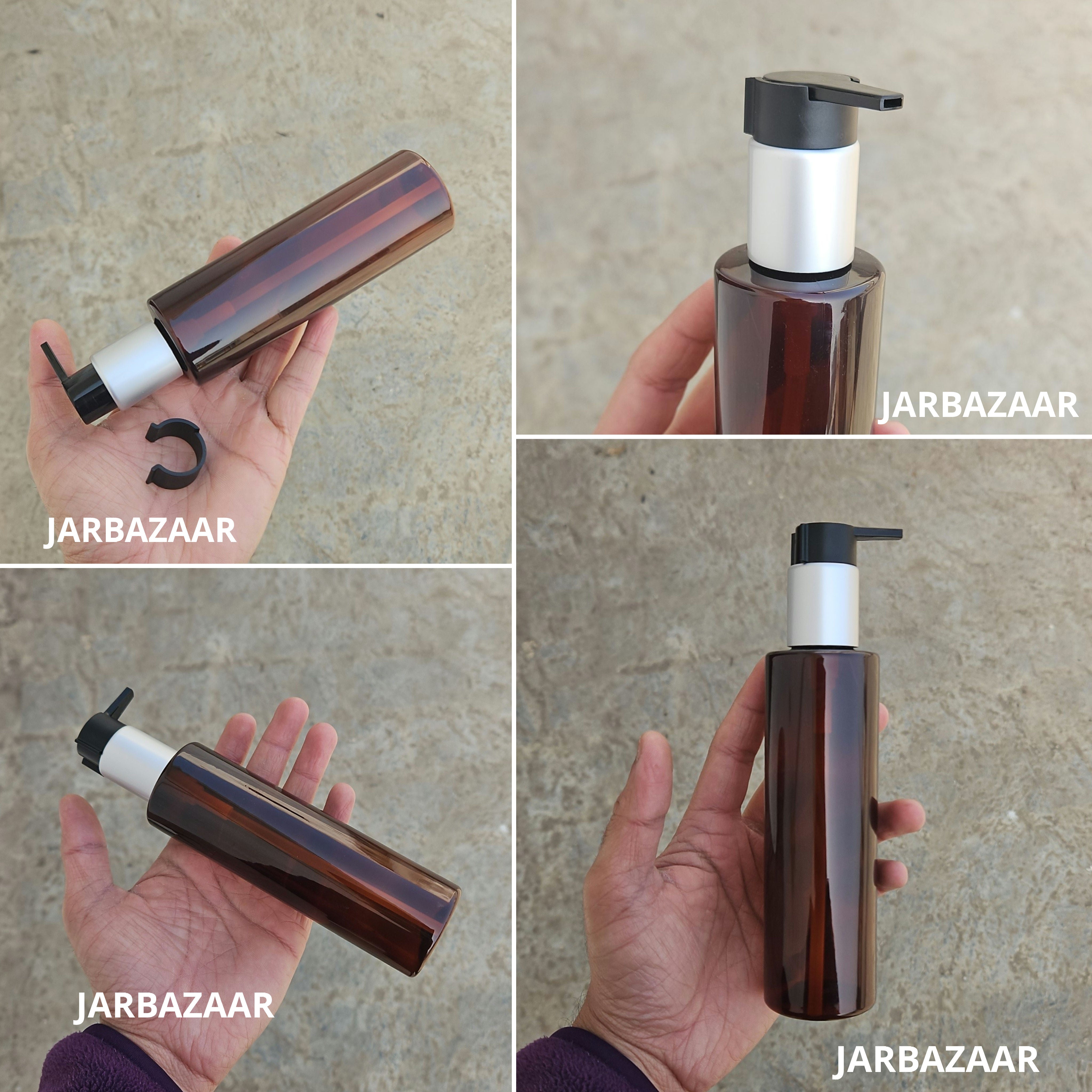 200 Ml Sleek Amber Pet Bottle - Silver Matt Black Fancy Clip Lock Dispenser
