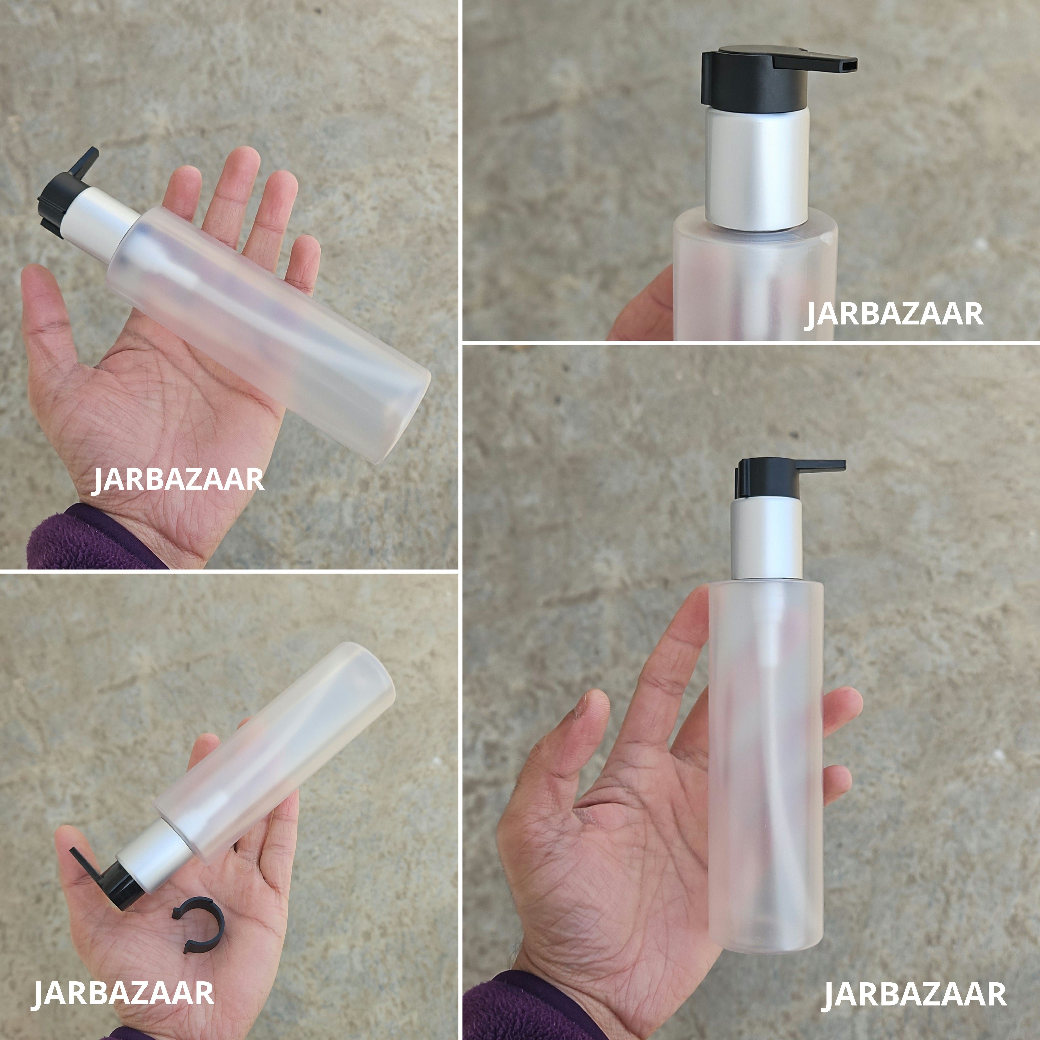 200 Ml Sleek Frosted Pet Bottle - Silver Matt Black Fancy Clip Lock Dispenser