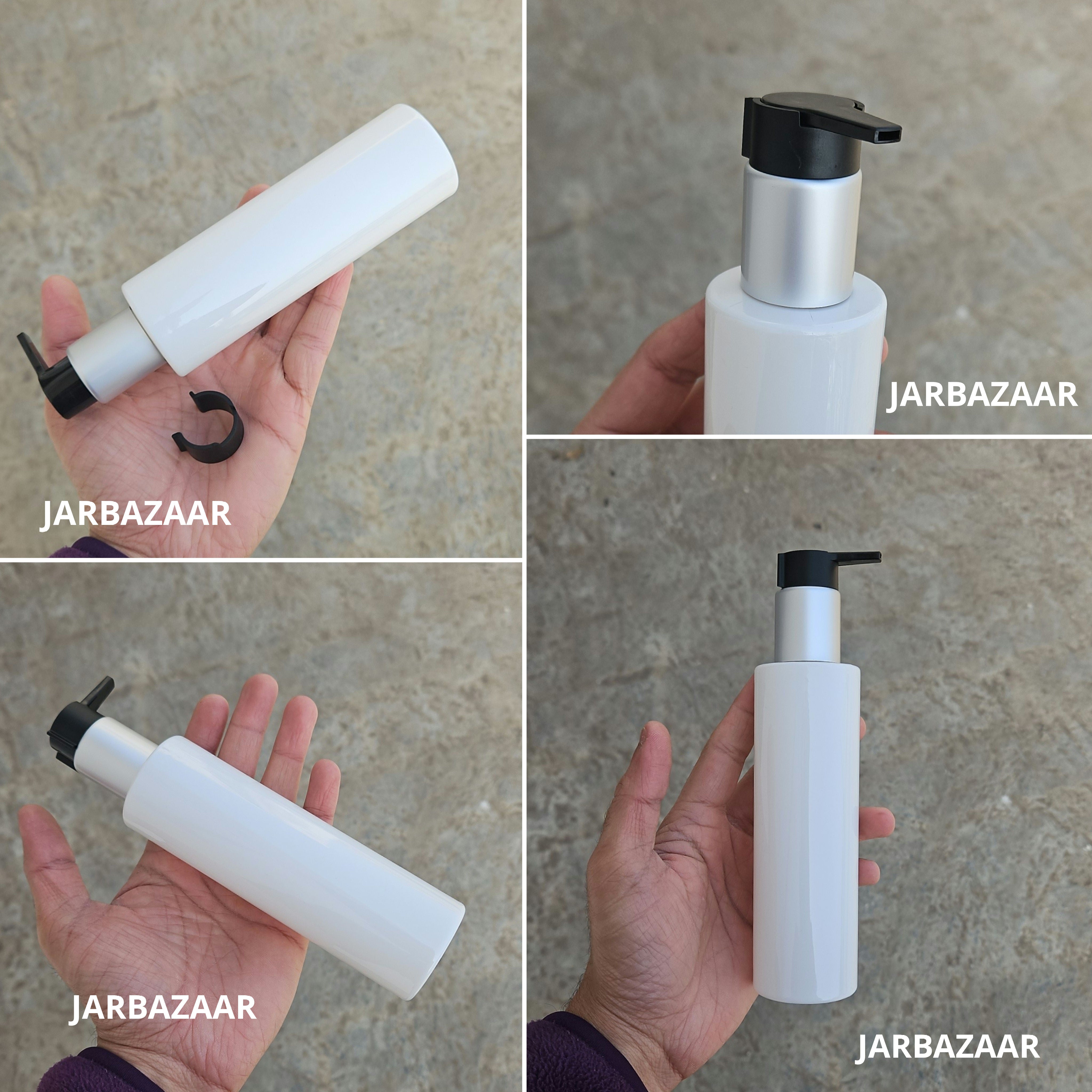 200 Ml Sleek White Pet Bottle - Silver Matt Black Fancy Clip Lock Dispenser