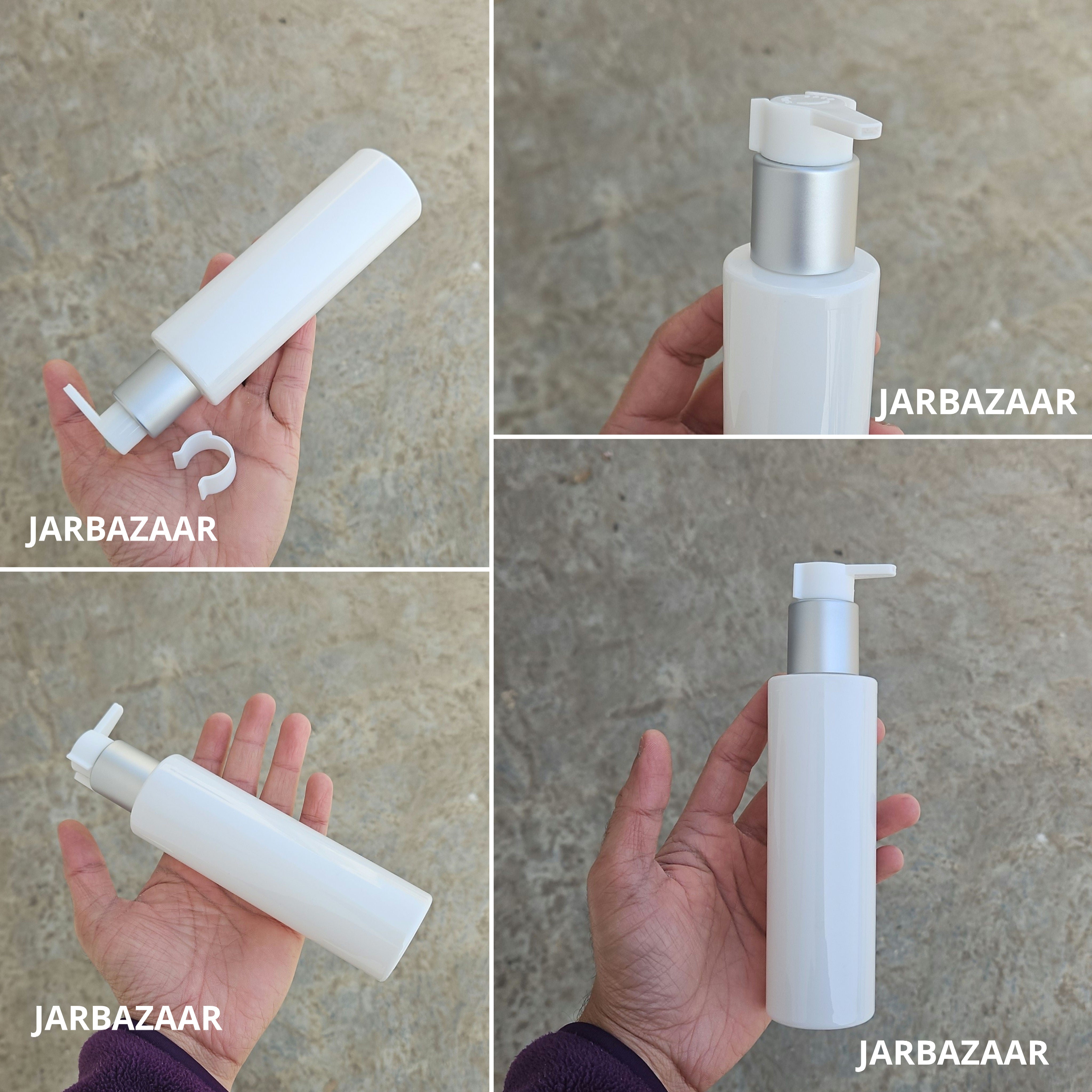 200 Ml Sleek White Pet Bottle - Silver Matt White Fancy Clip Lock Dispenser