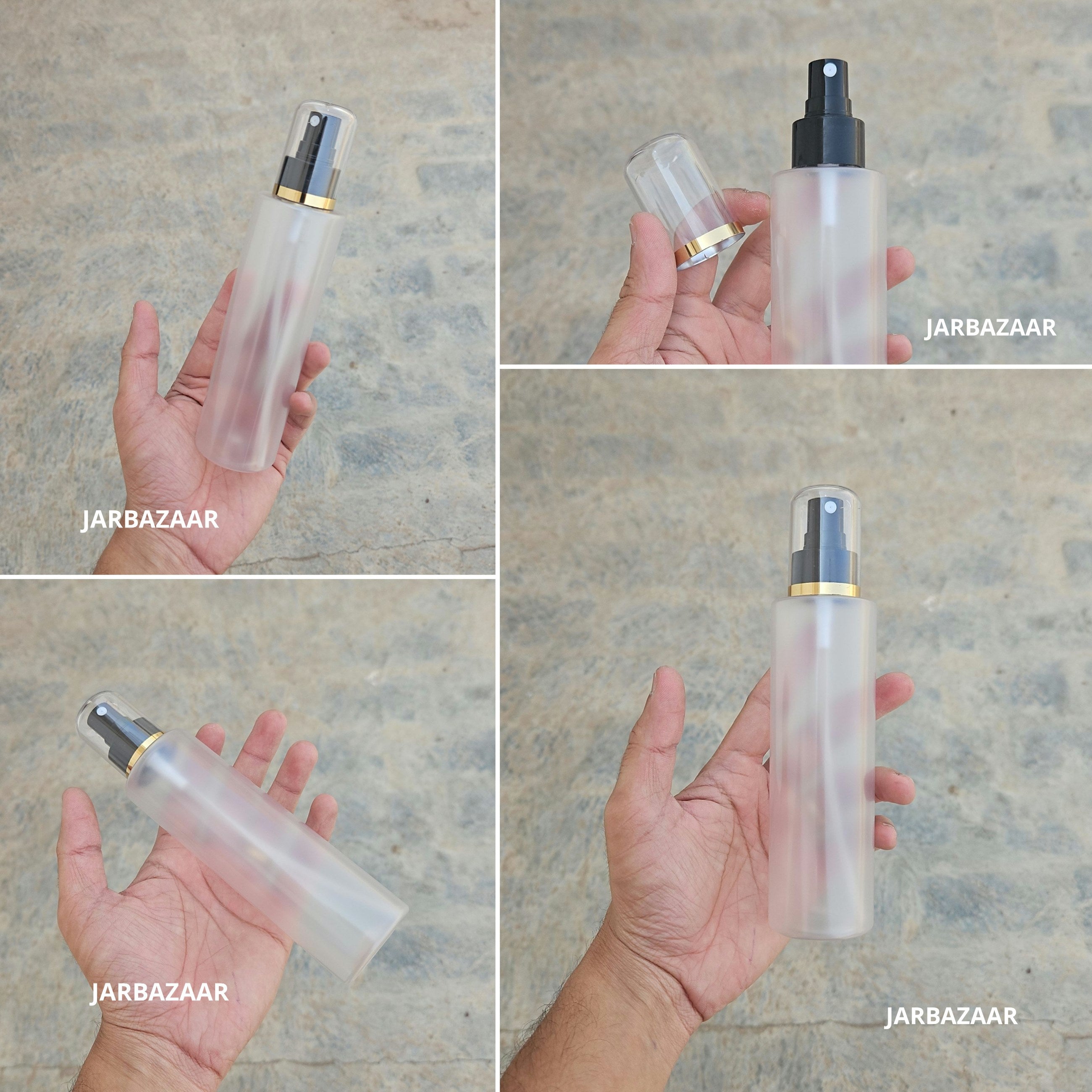 200 Ml Sleek Frosted PET Bottle with Golden Line Black Spray Pump