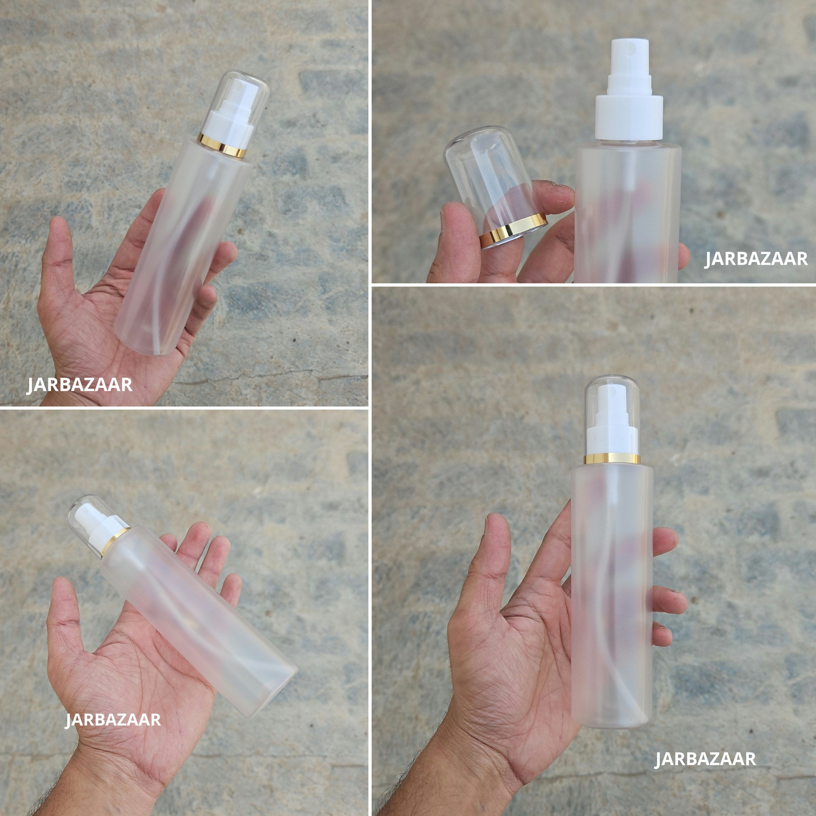 200 Ml Sleek Frosted PET Bottle with Golden Line White Spray Pump