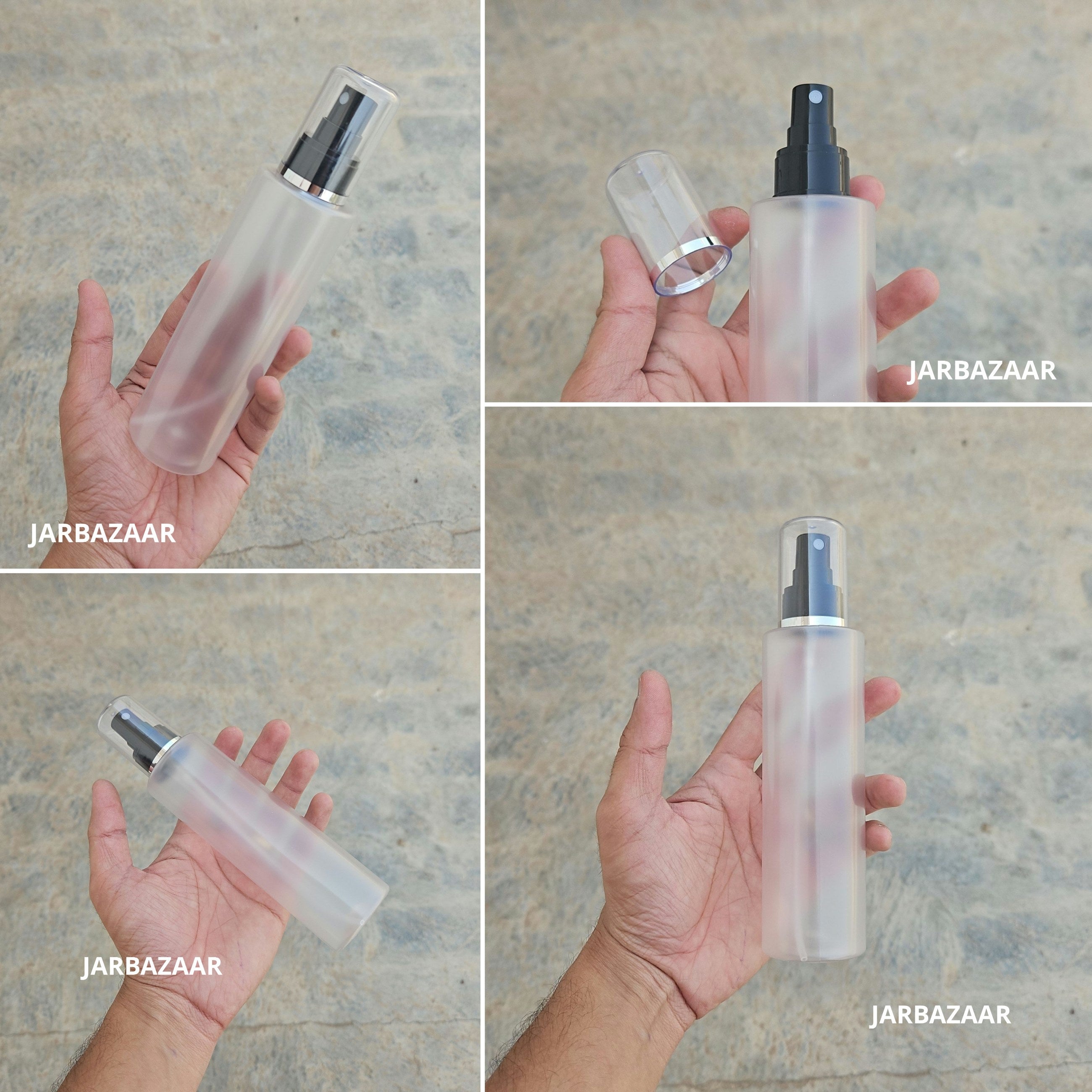 200 Ml Sleek Frosted PET Bottle with Silver Line Black Spray Pump