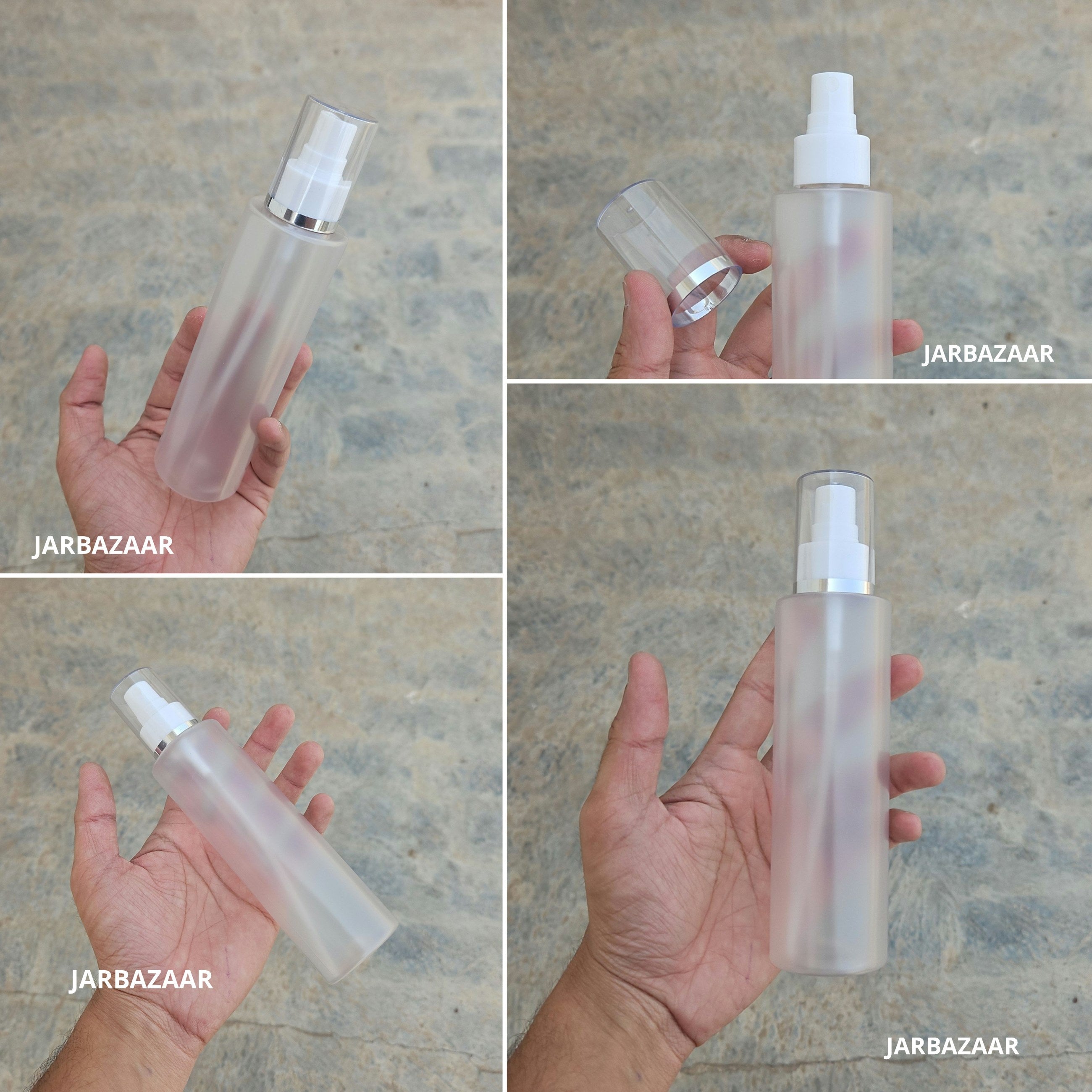 200 Ml Sleek Frosted PET Bottle with Silver Line White Spray Pump