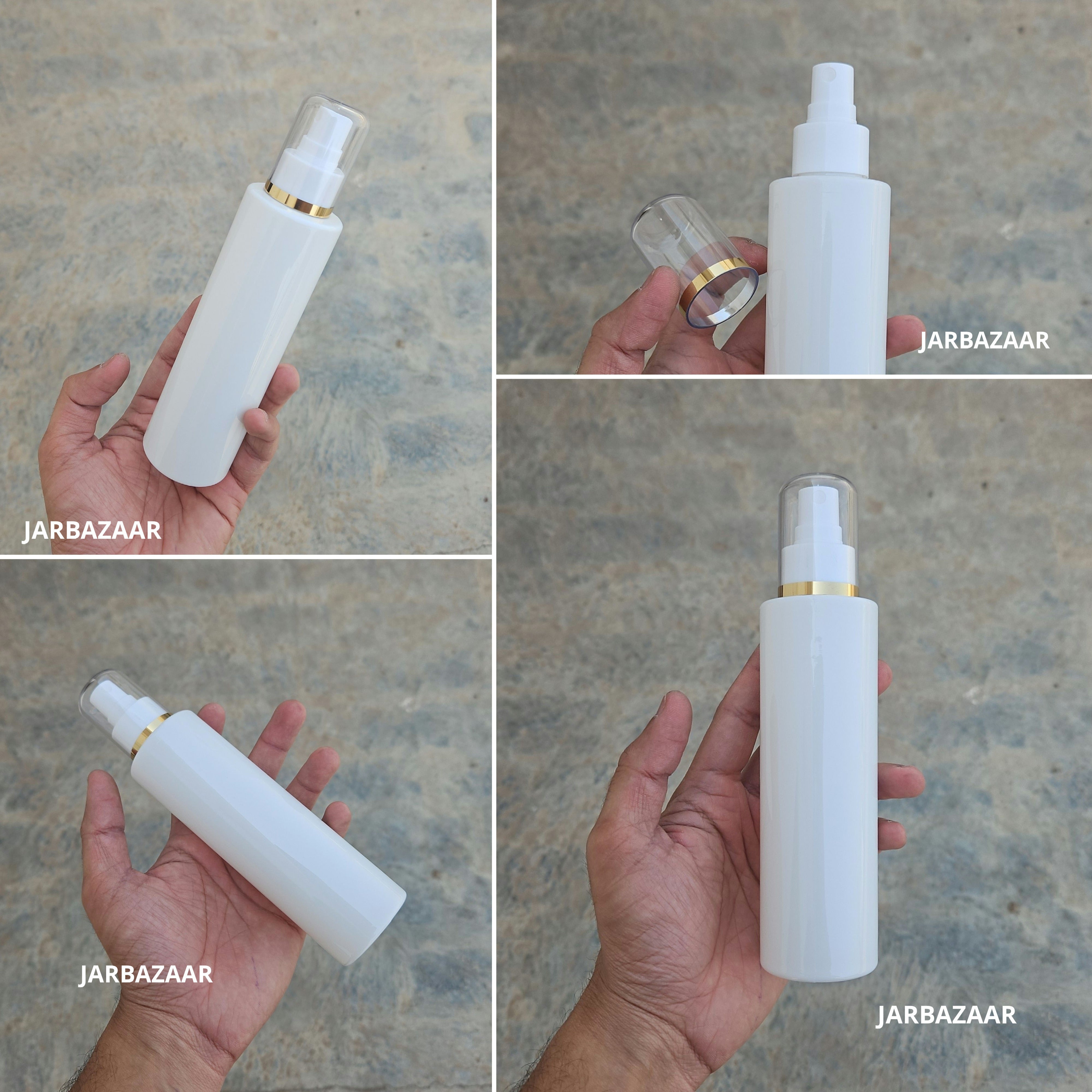 200 Ml Sleek White PET Bottle with Golden Line White Spray