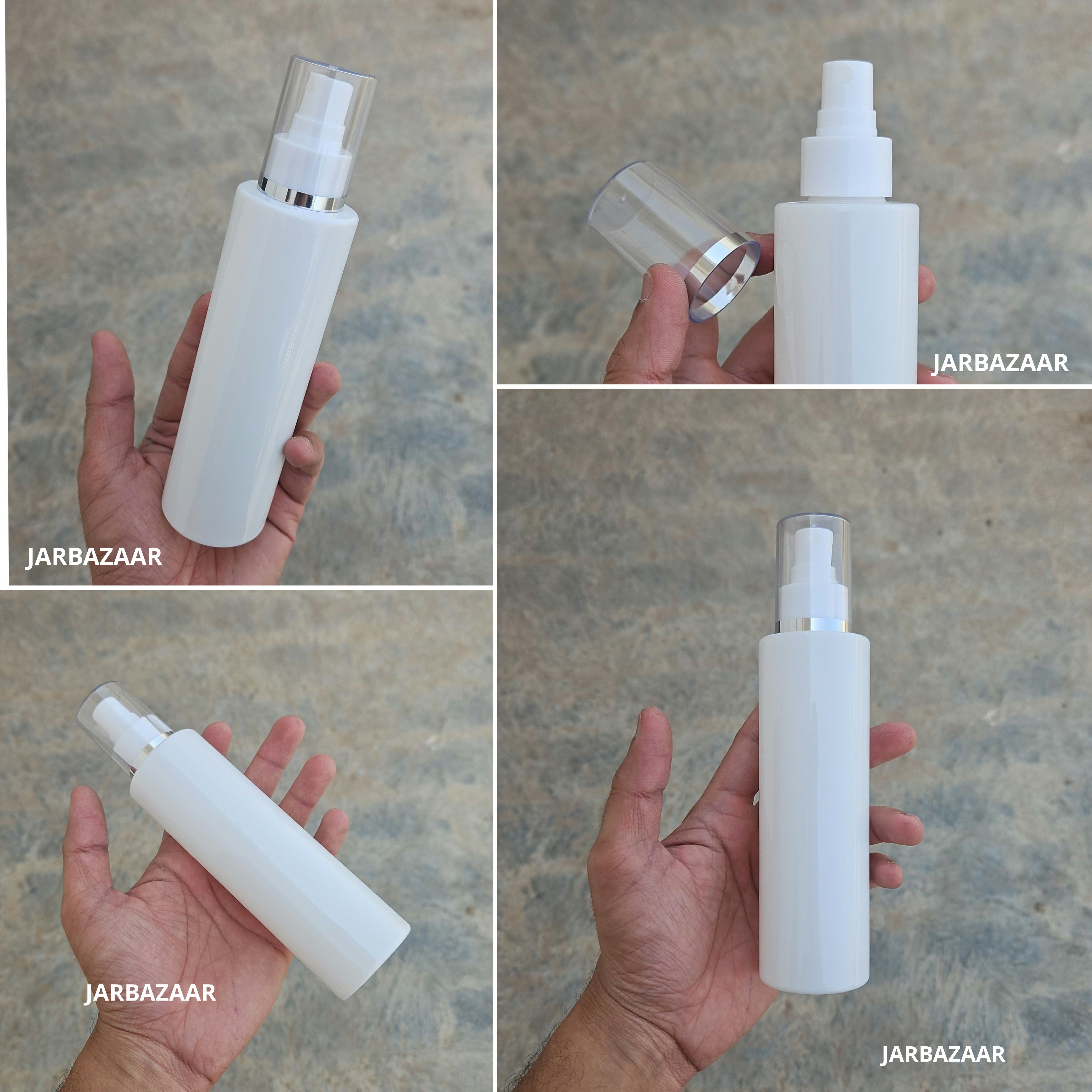 200 Ml Sleek White PET Bottle with Silver Line White Spray