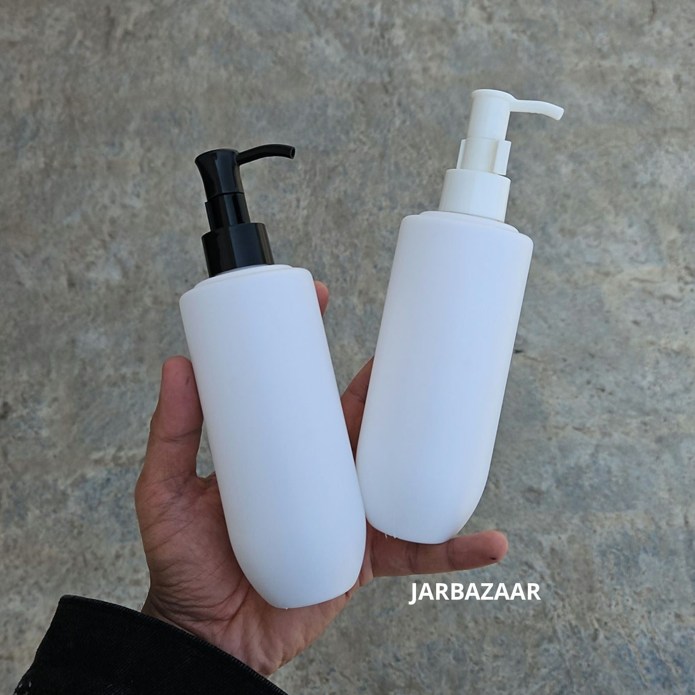 250 ML U-shape white HDPE bottle with black and white sleek dispenser pumps