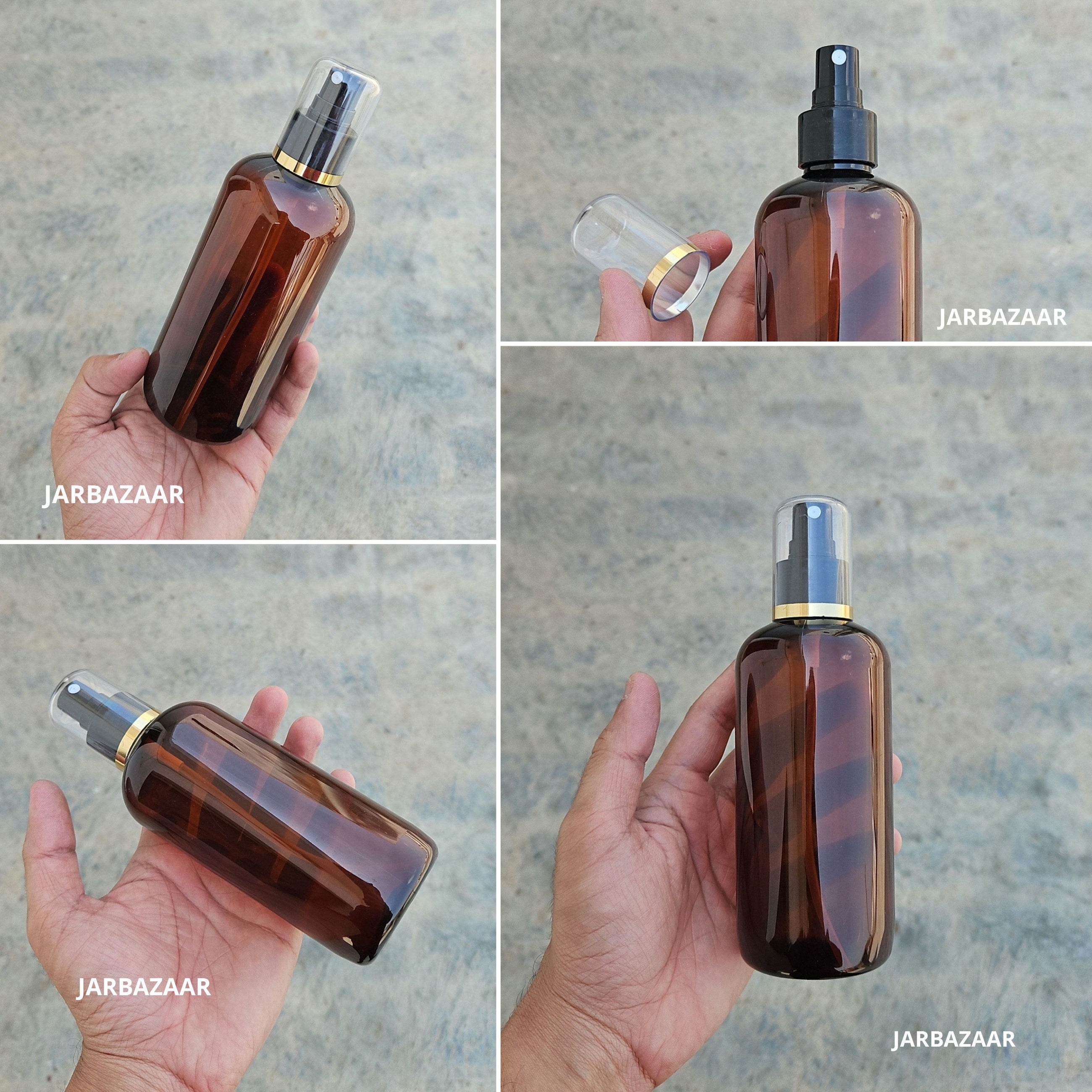300 Ml Boston Amber PET Bottle with Golden Line Black Spray Pump