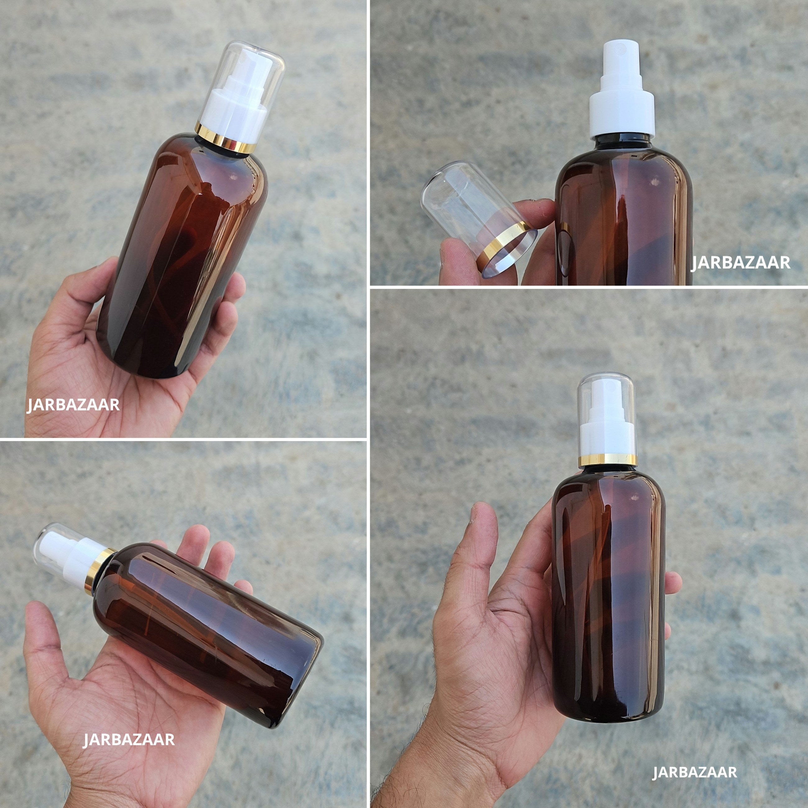 300 Ml Boston Amber PET Bottle with Golden Line White Spray Pump