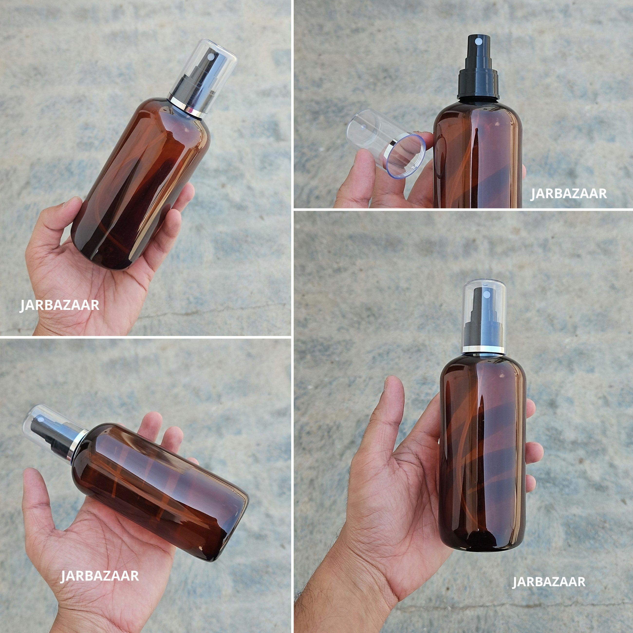 300 Ml Boston Amber PET Bottle with Silver Line Black Spray Pump