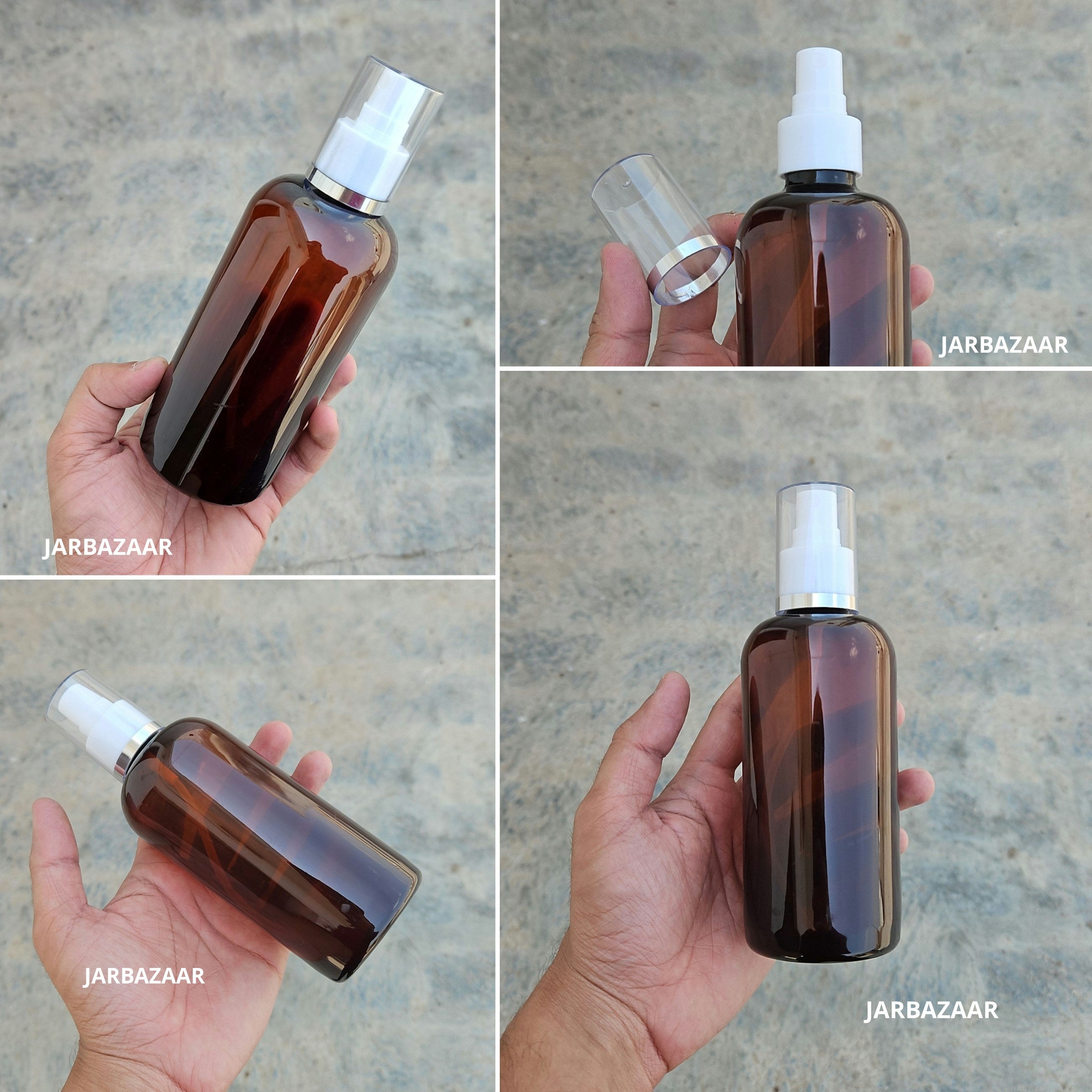 300 Ml Boston Amber PET Bottle with Silver Line White Spray Pump