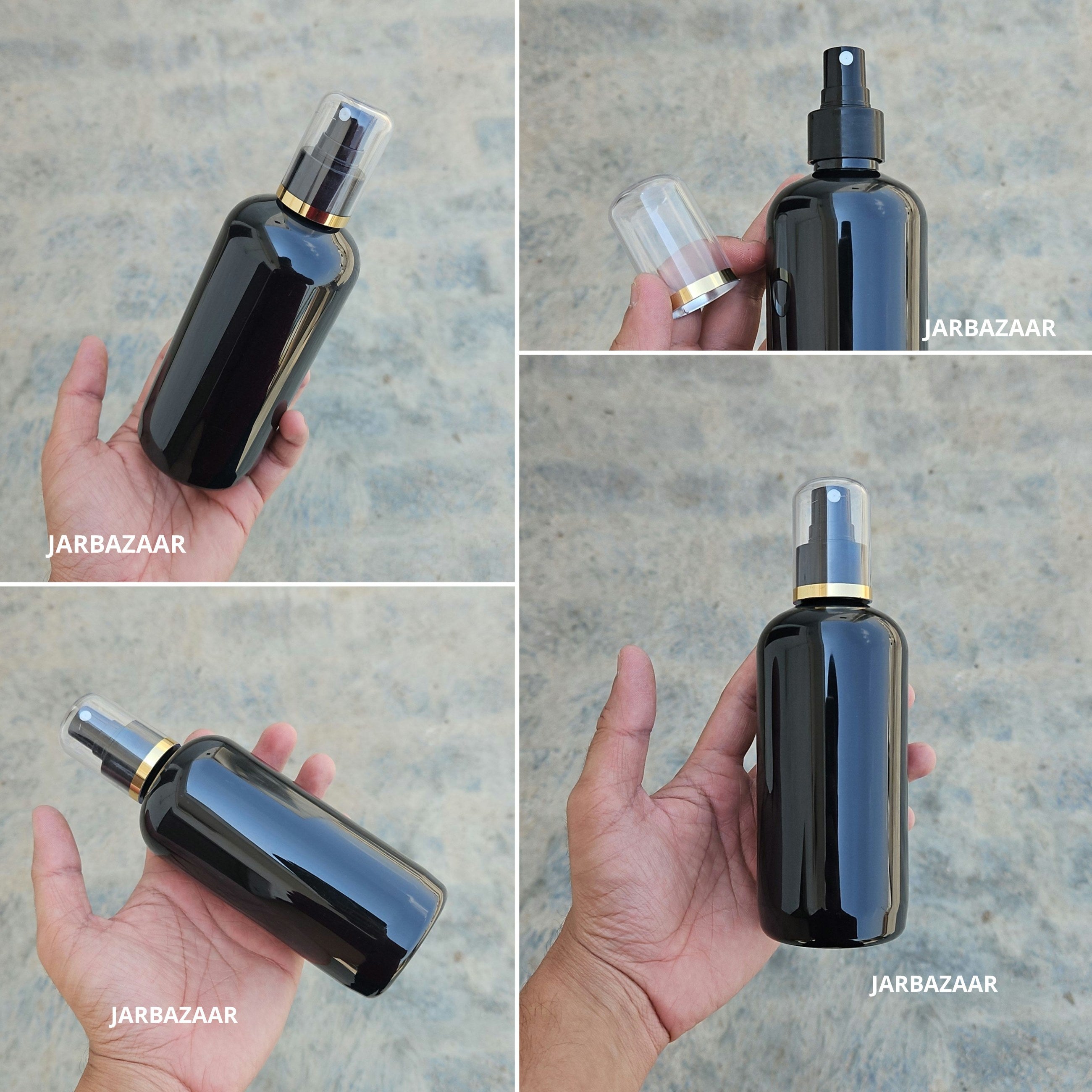 300 Ml Boston Black PET Bottle with Golden Line Black Spray Pump