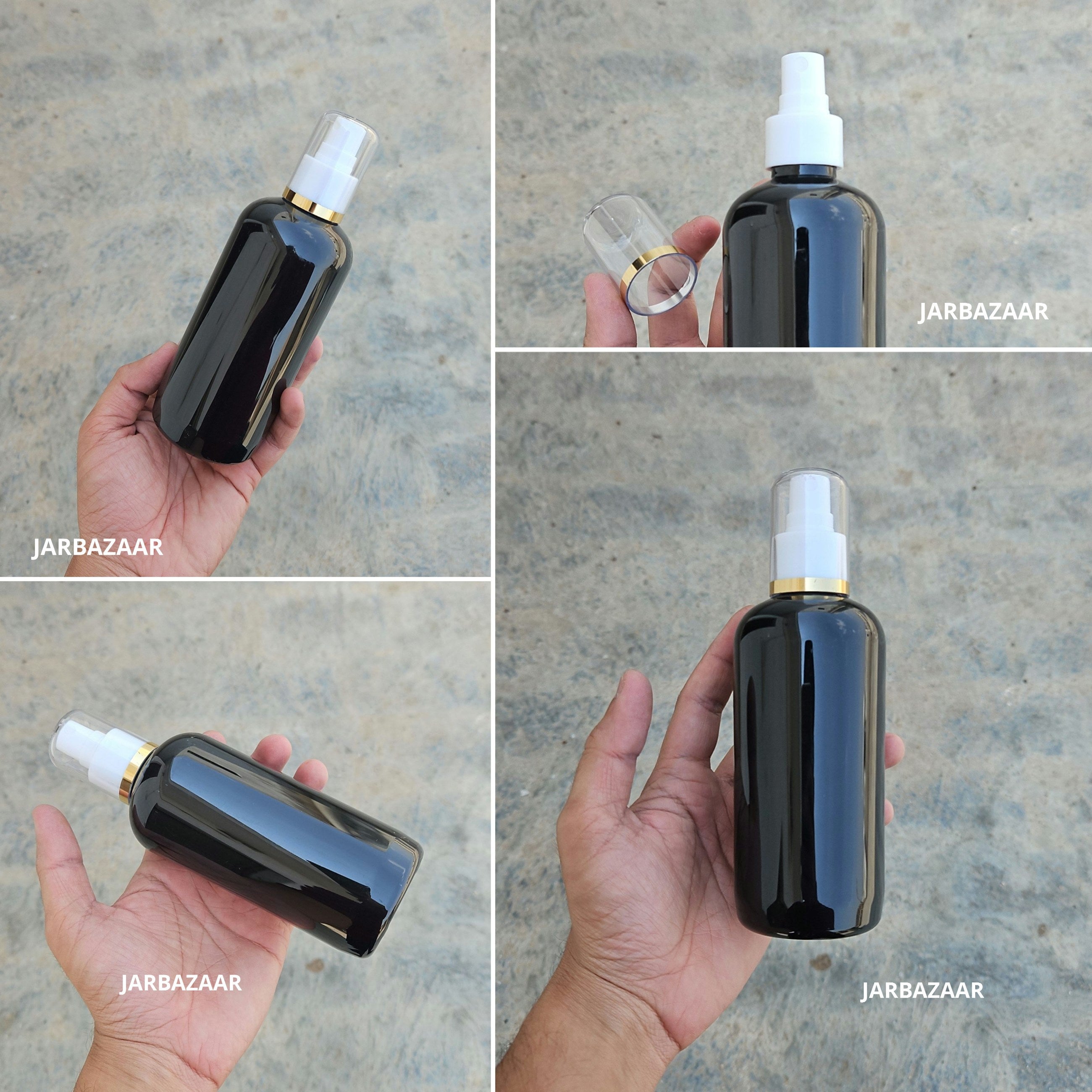 300 Ml Boston Black PET Bottle with Golden Line White Spray Pump