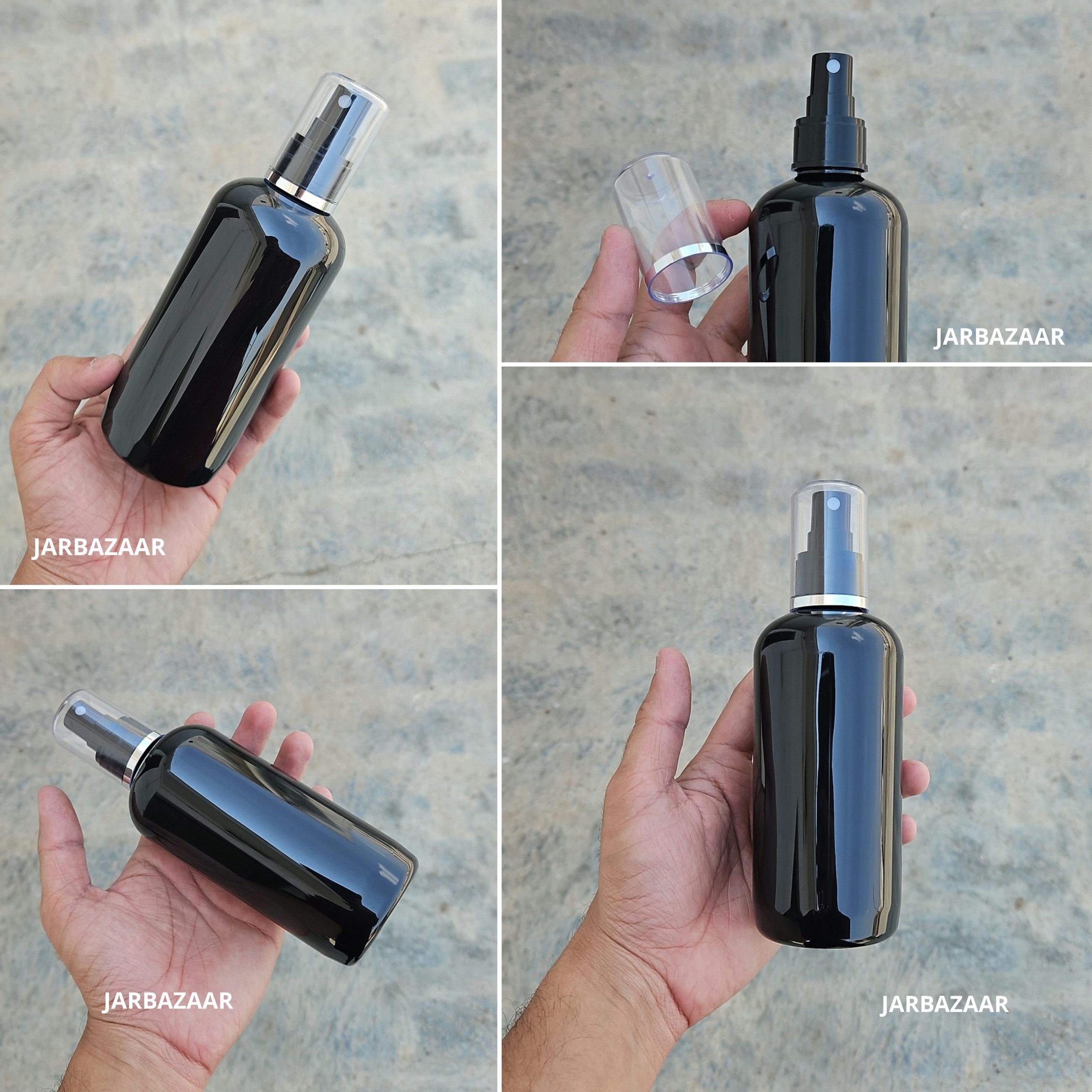 300 Ml Boston Black PET Bottle with Silver Line Black Spray Pump