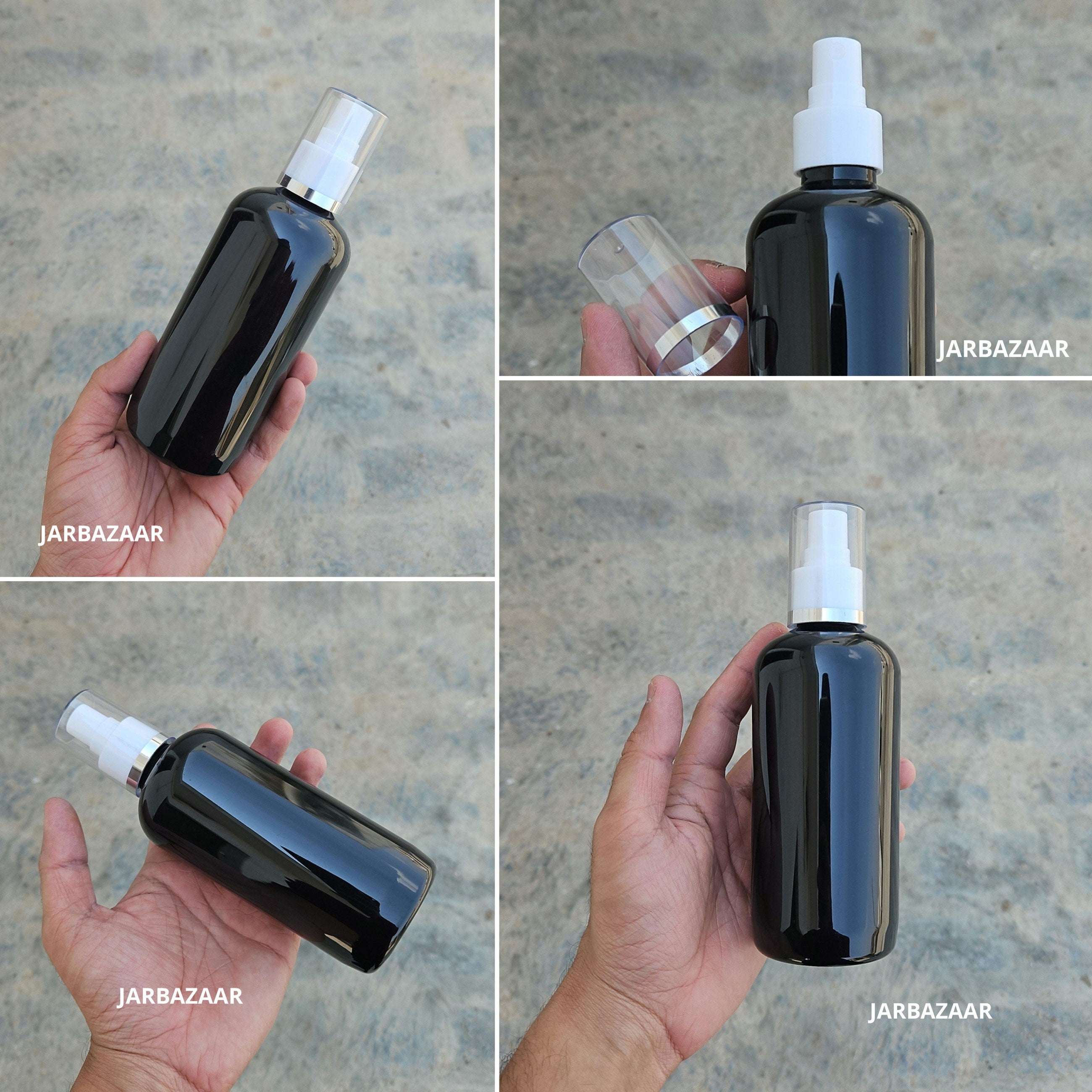300 Ml Boston Black PET Bottle with Silver Line White Spray Pump