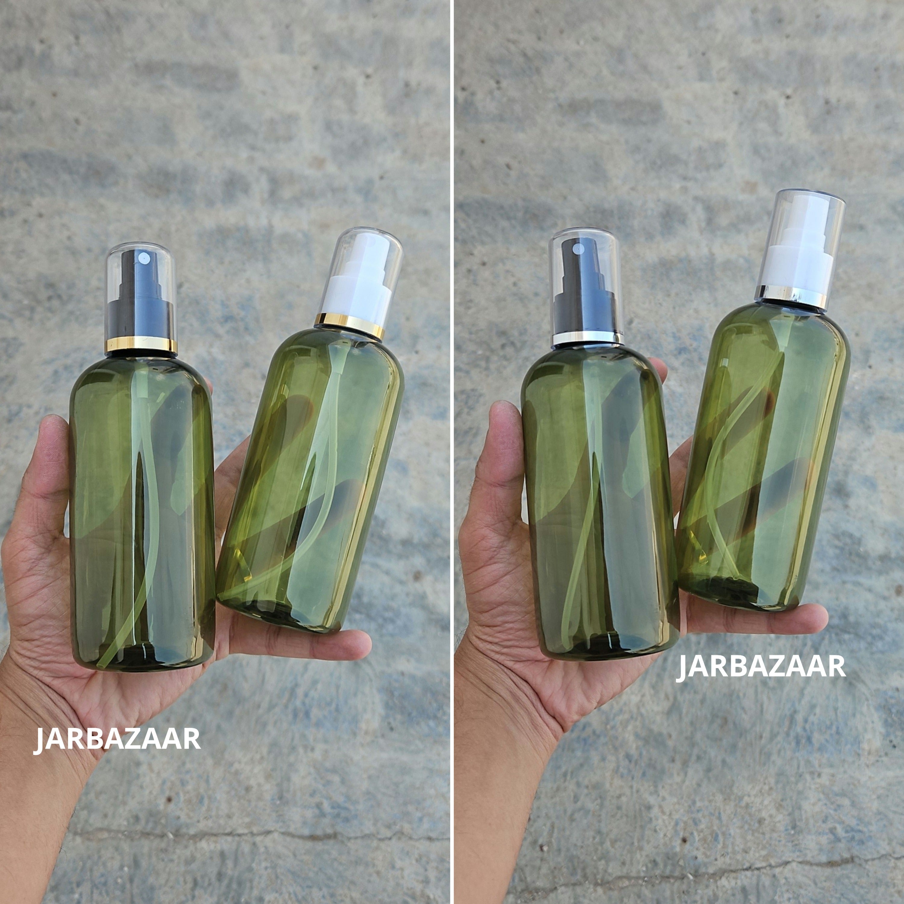 300 Ml Boston Olive Green PET Bottle with AS Spray Pumps in multiple cap colours
