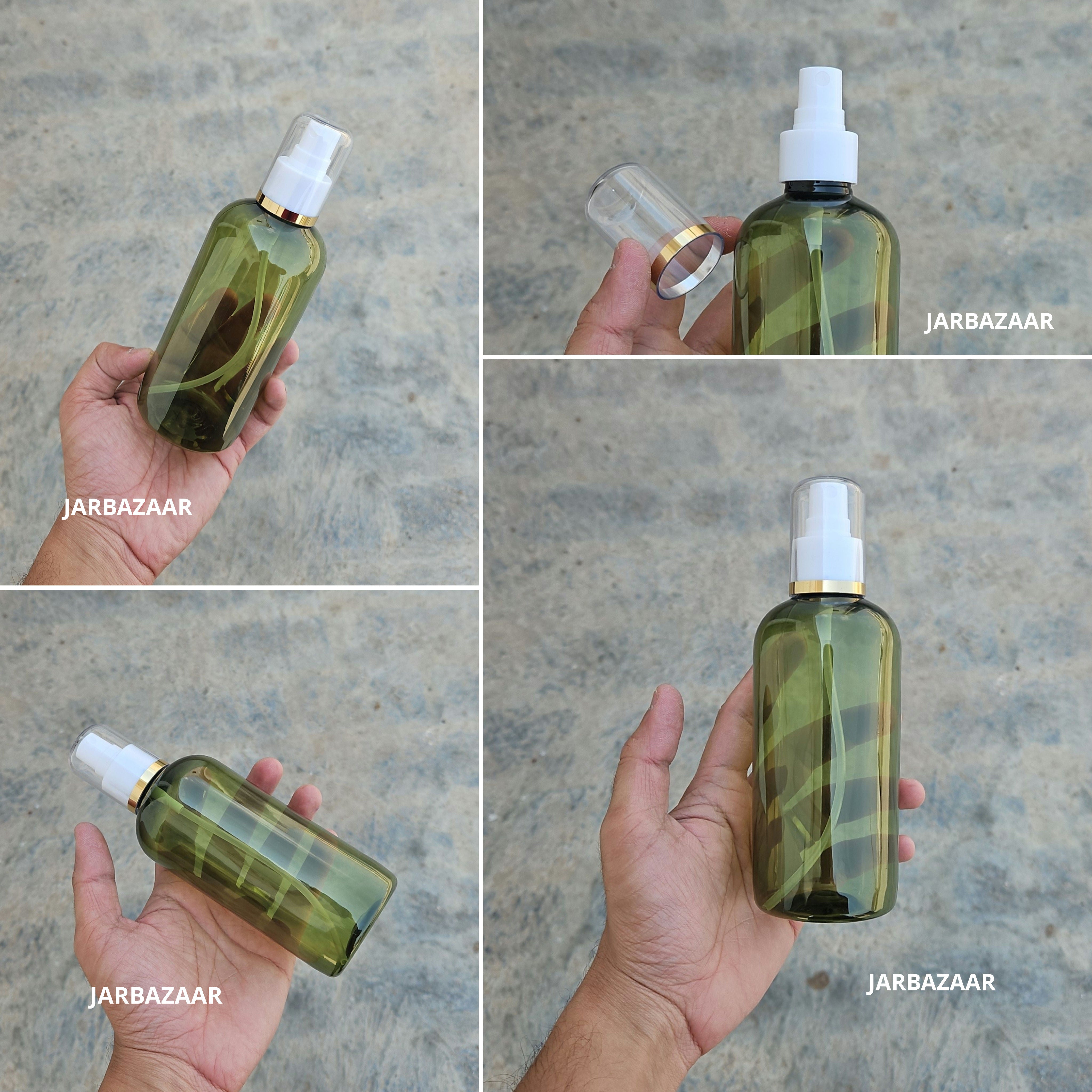 300 Ml Boston Olive Green PET Bottle with Golden Line Black Spray Pump
