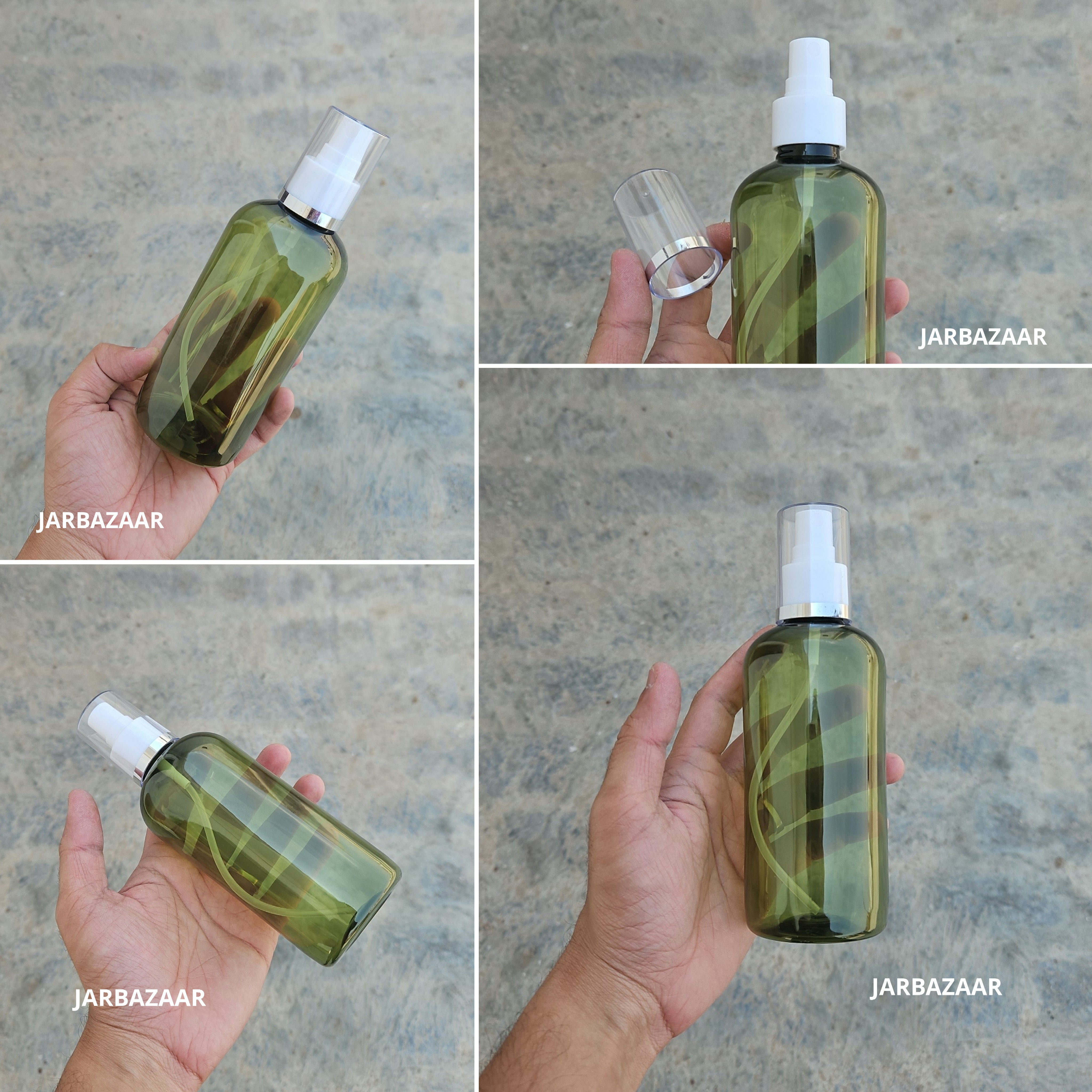 300 Ml Boston Olive Green PET Bottle with Golden Line White Spray Pump