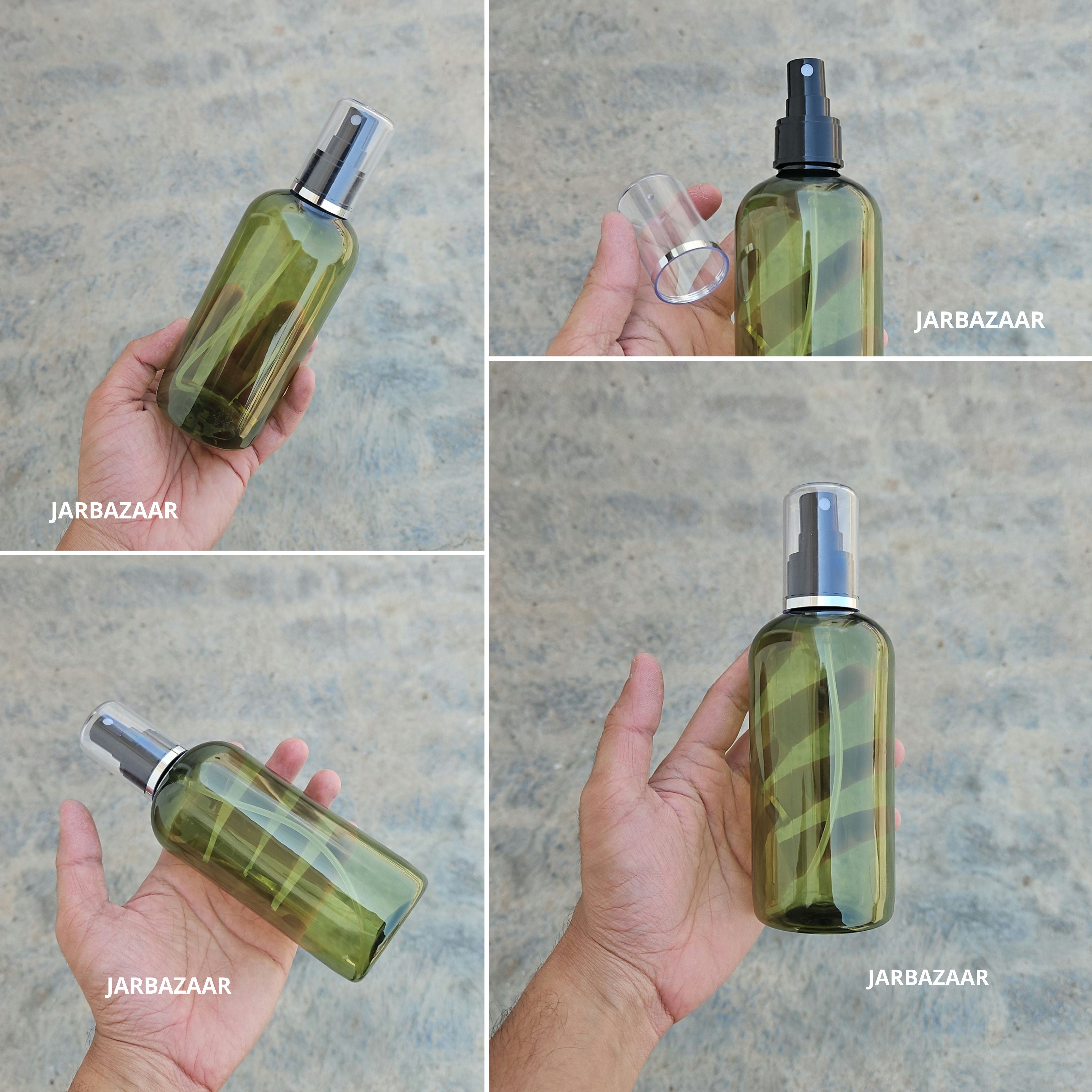 300 Ml Boston Olive Green PET Bottle with Silver Line Black Spray Pump