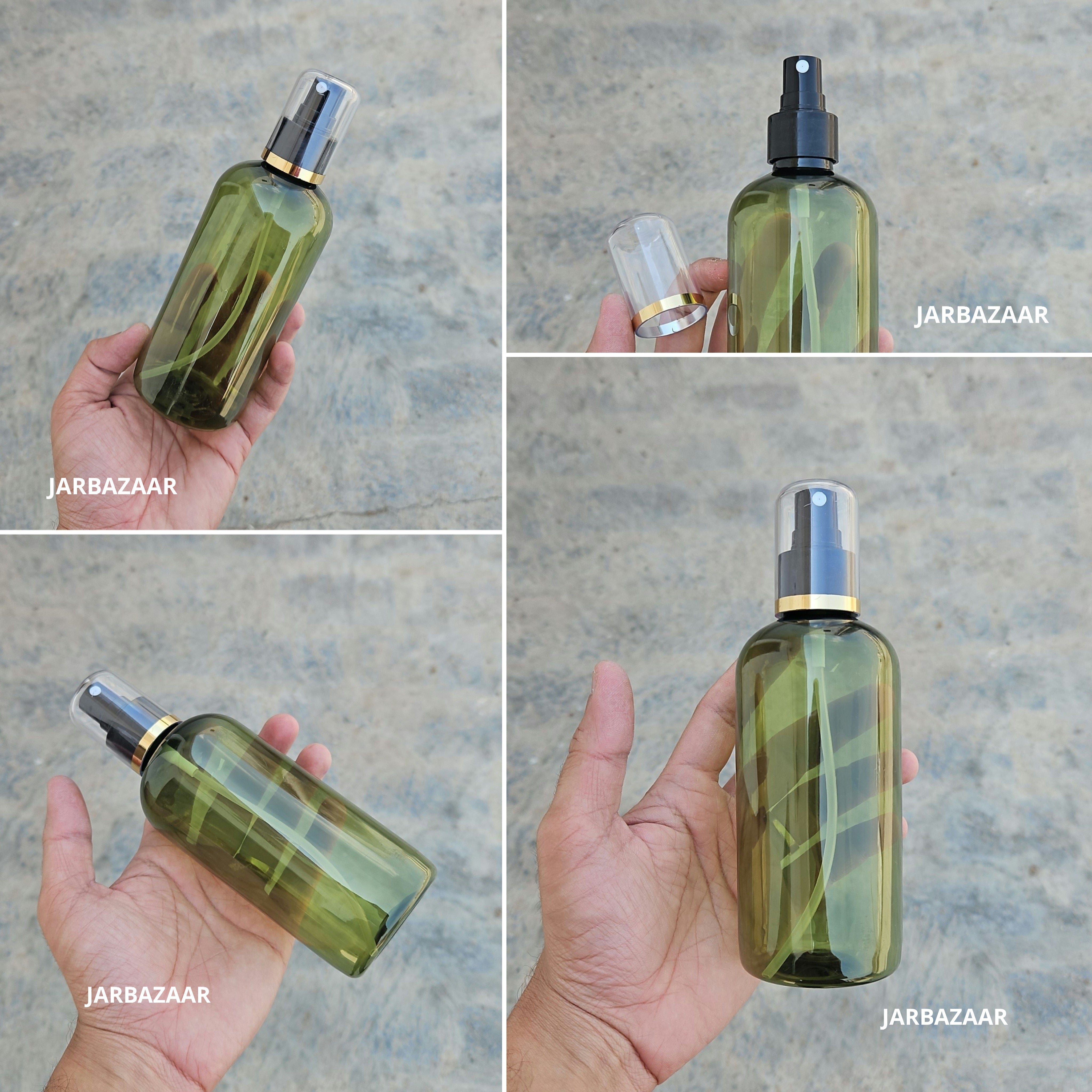 300 Ml Boston Olive Green PET Bottle with Silver Line White Spray Pump