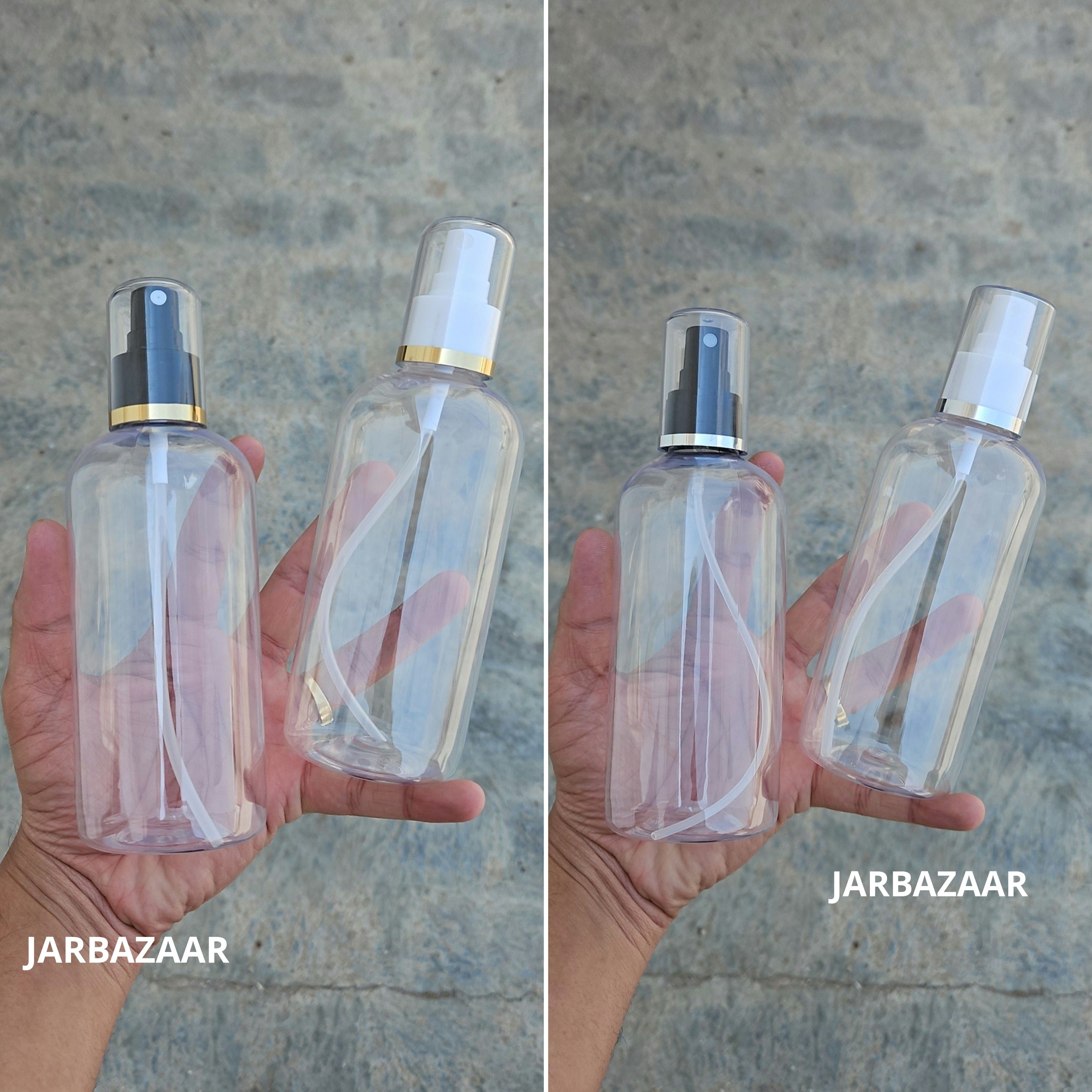 300 Ml Boston Transparent PET Bottle with AS Spray Pumps in multiple cap colours