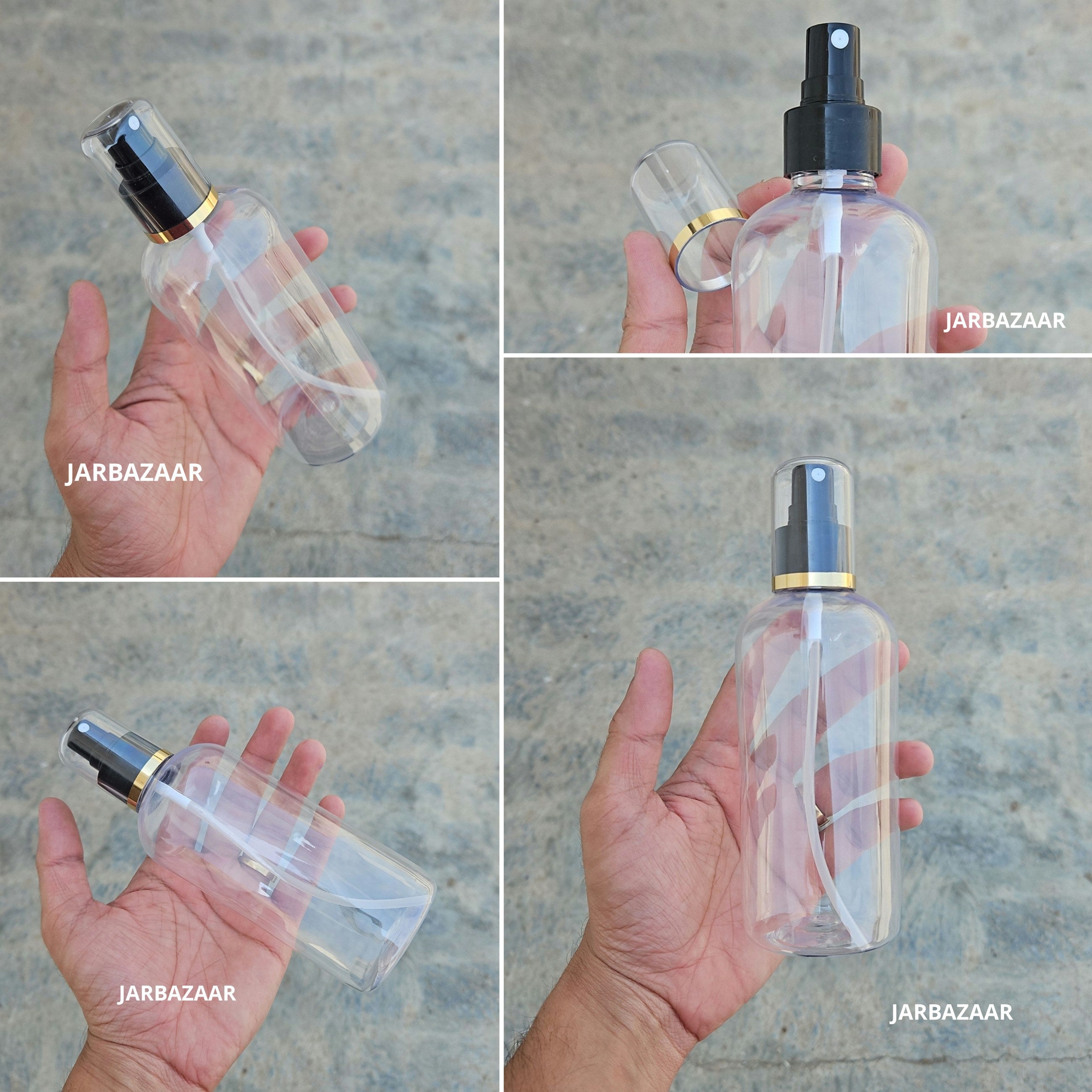 300 Ml Boston Transparent PET Bottle with Golden Line Black Spray Pump