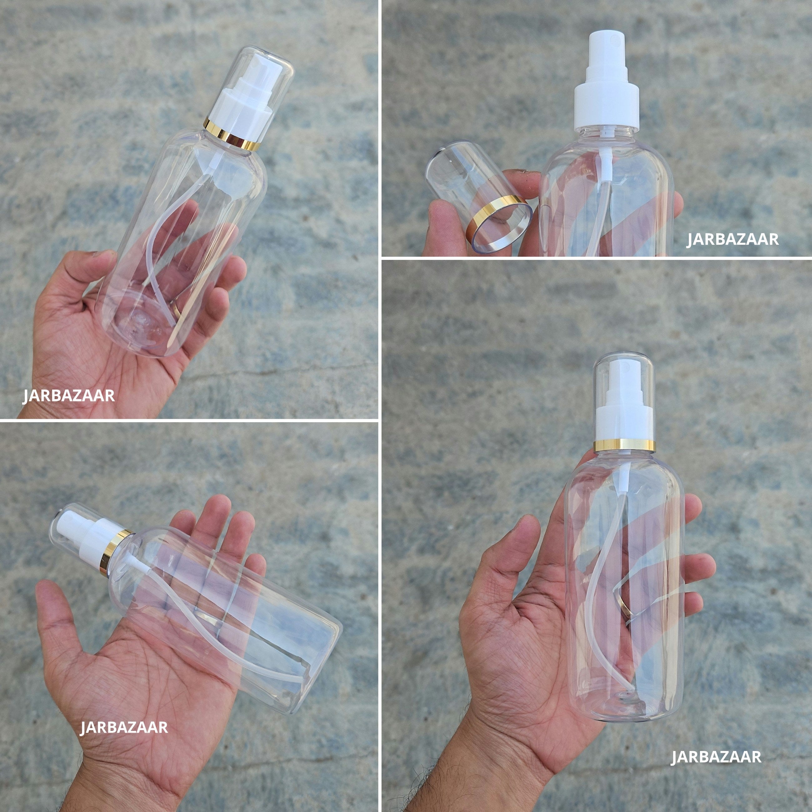 300 Ml Boston Transparent PET Bottle with Golden Line White Spray Pump