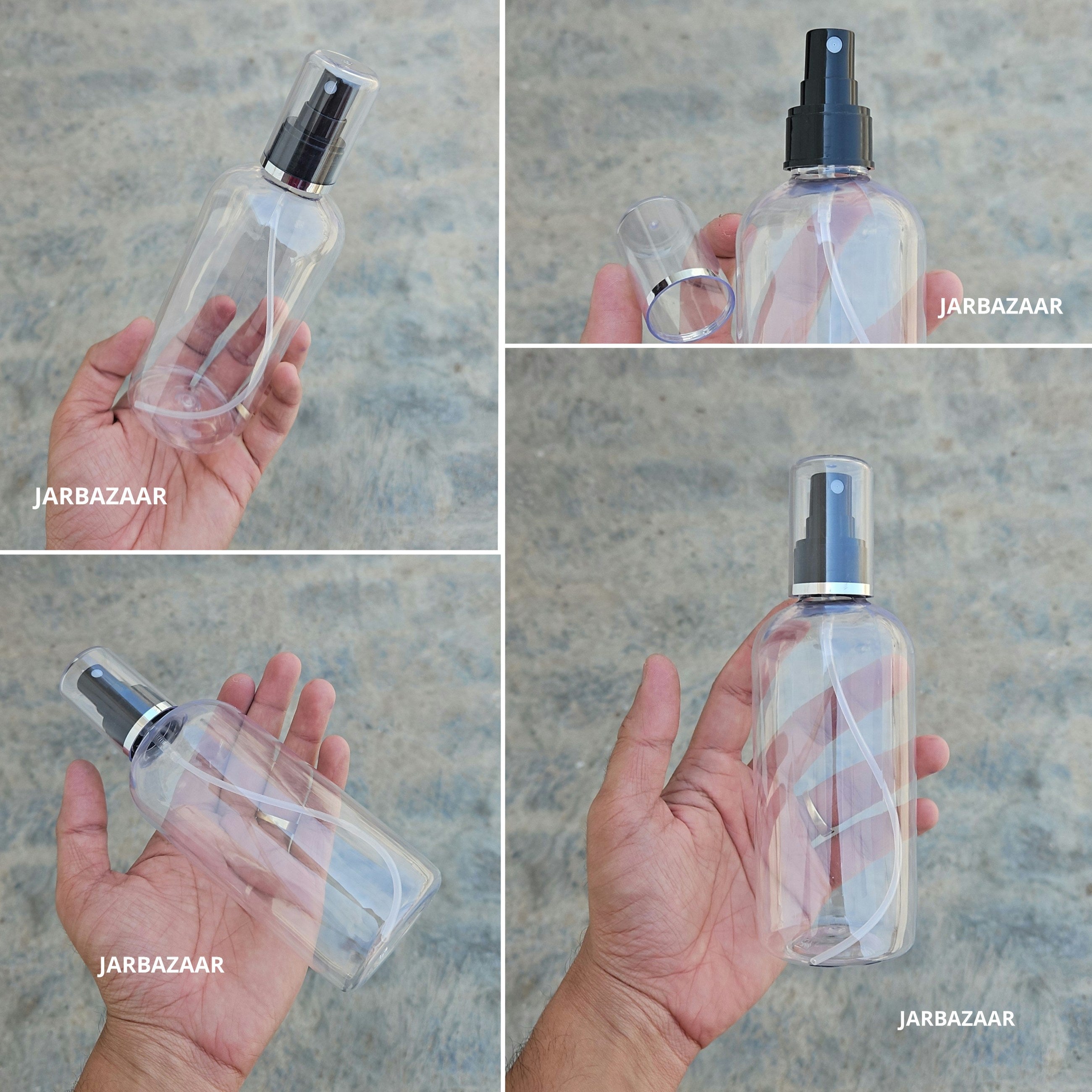 300 Ml Boston Transparent PET Bottle with Silver Line Black Spray Pump