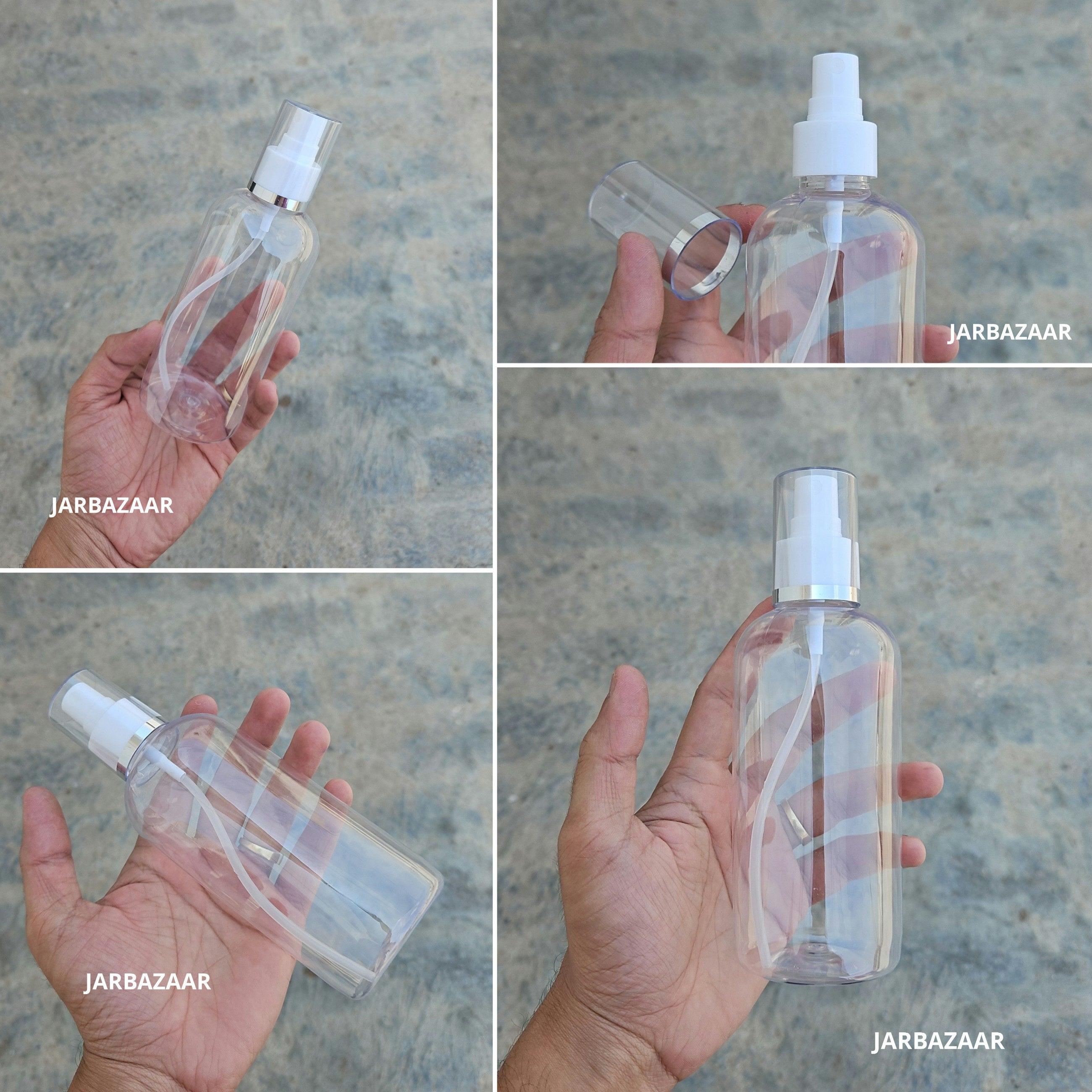 300 Ml Boston Transparent PET Bottle with Silver Line White Spray Pump