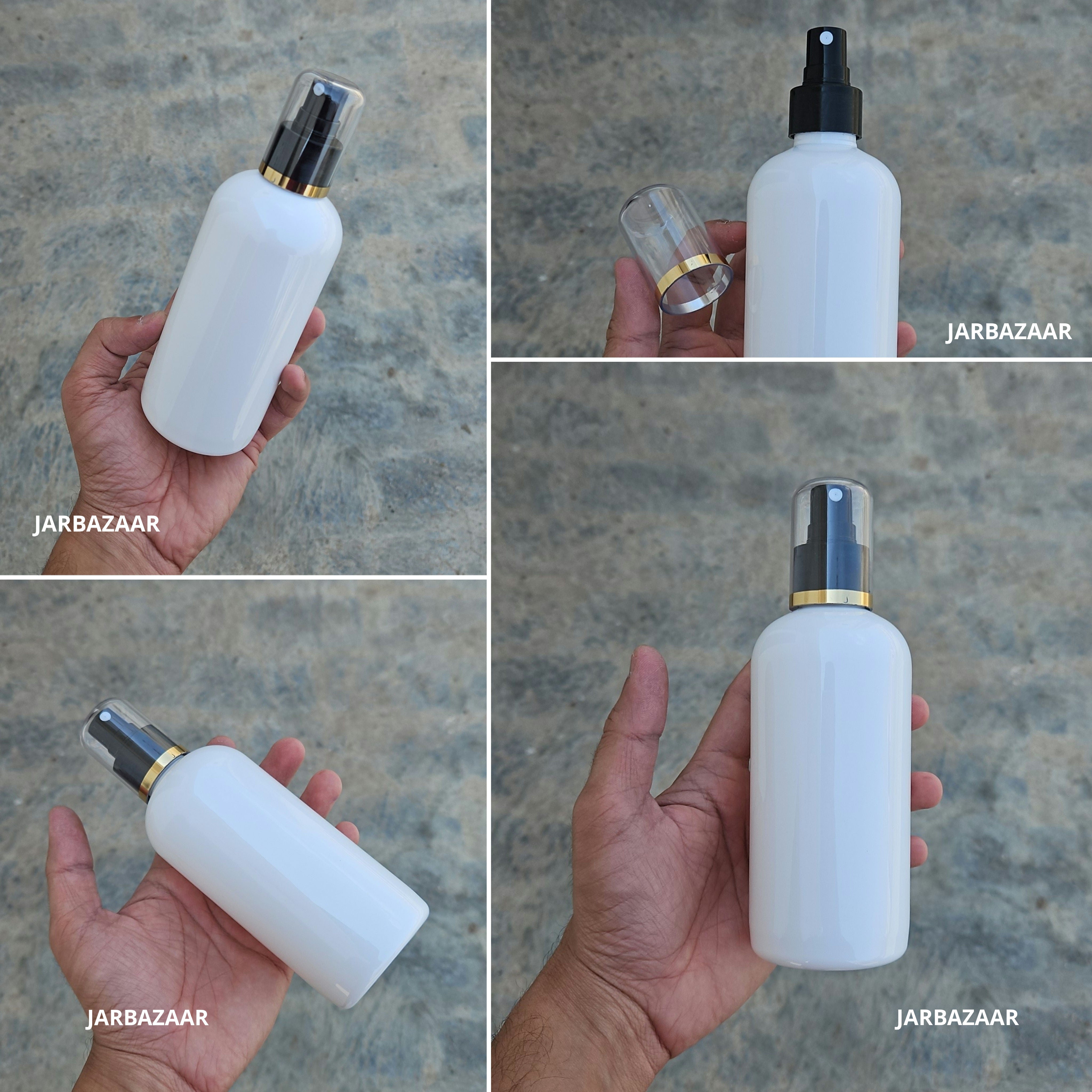 300 Ml Boston White PET Bottle with Golden Line Black Spray Pump