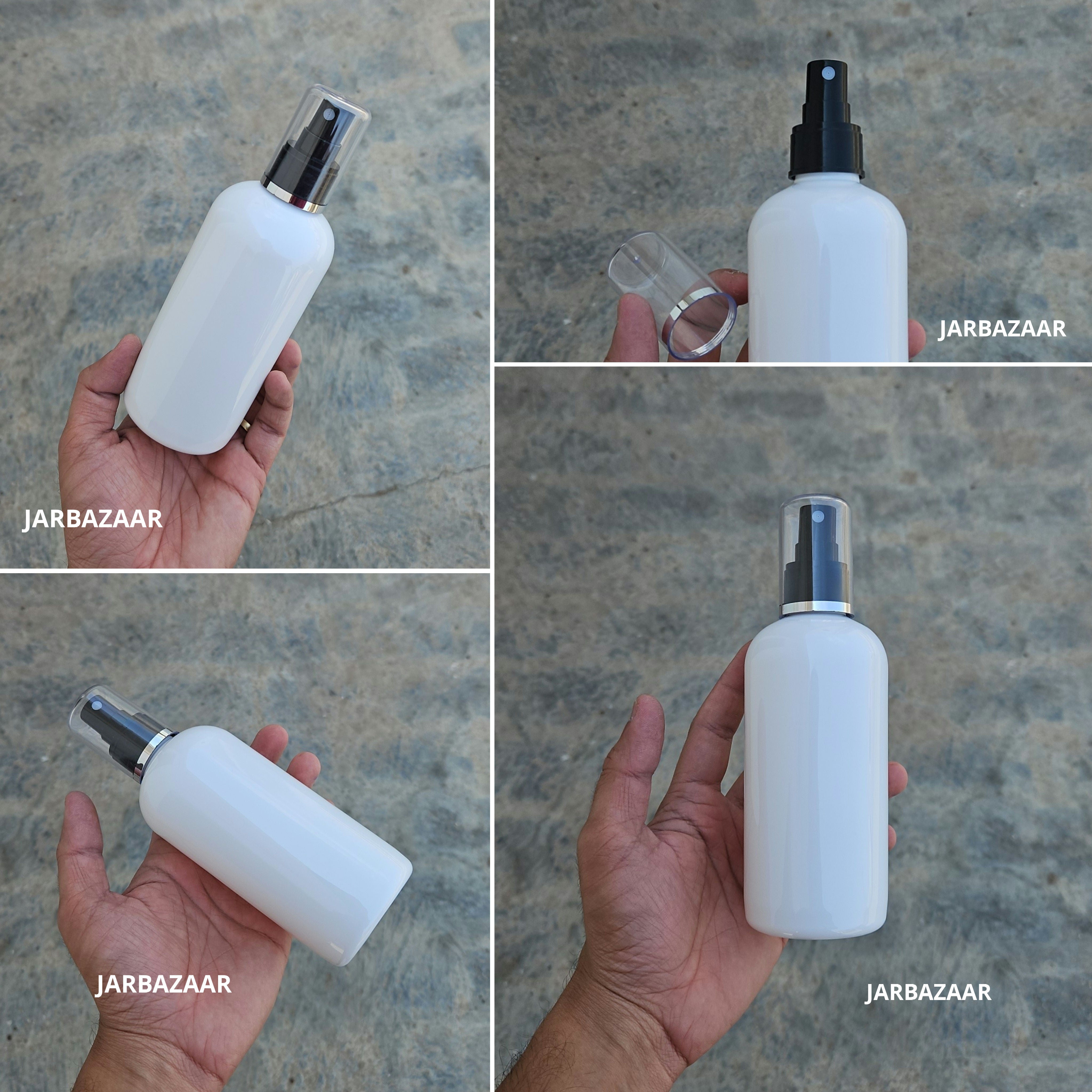 300 Ml Boston White PET Bottle with Silver Line Black Spray Pump