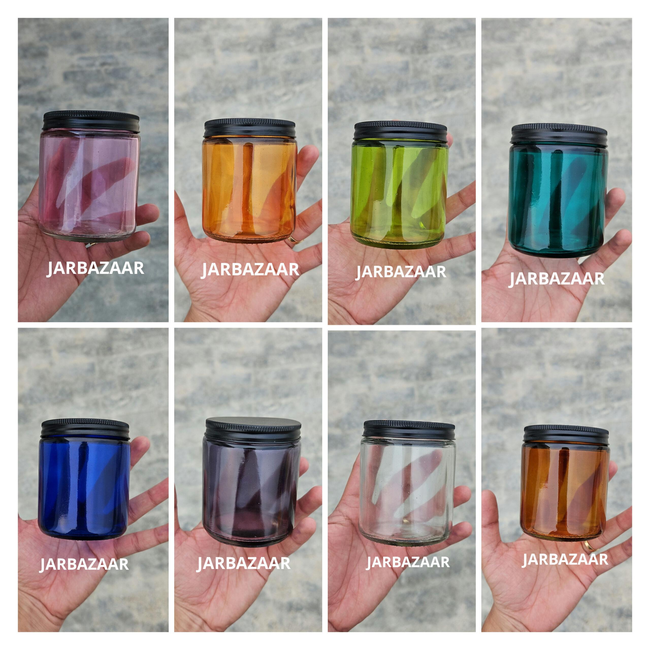 200 ML Multicolour Glass Jar (With Black Aluminium Cap)