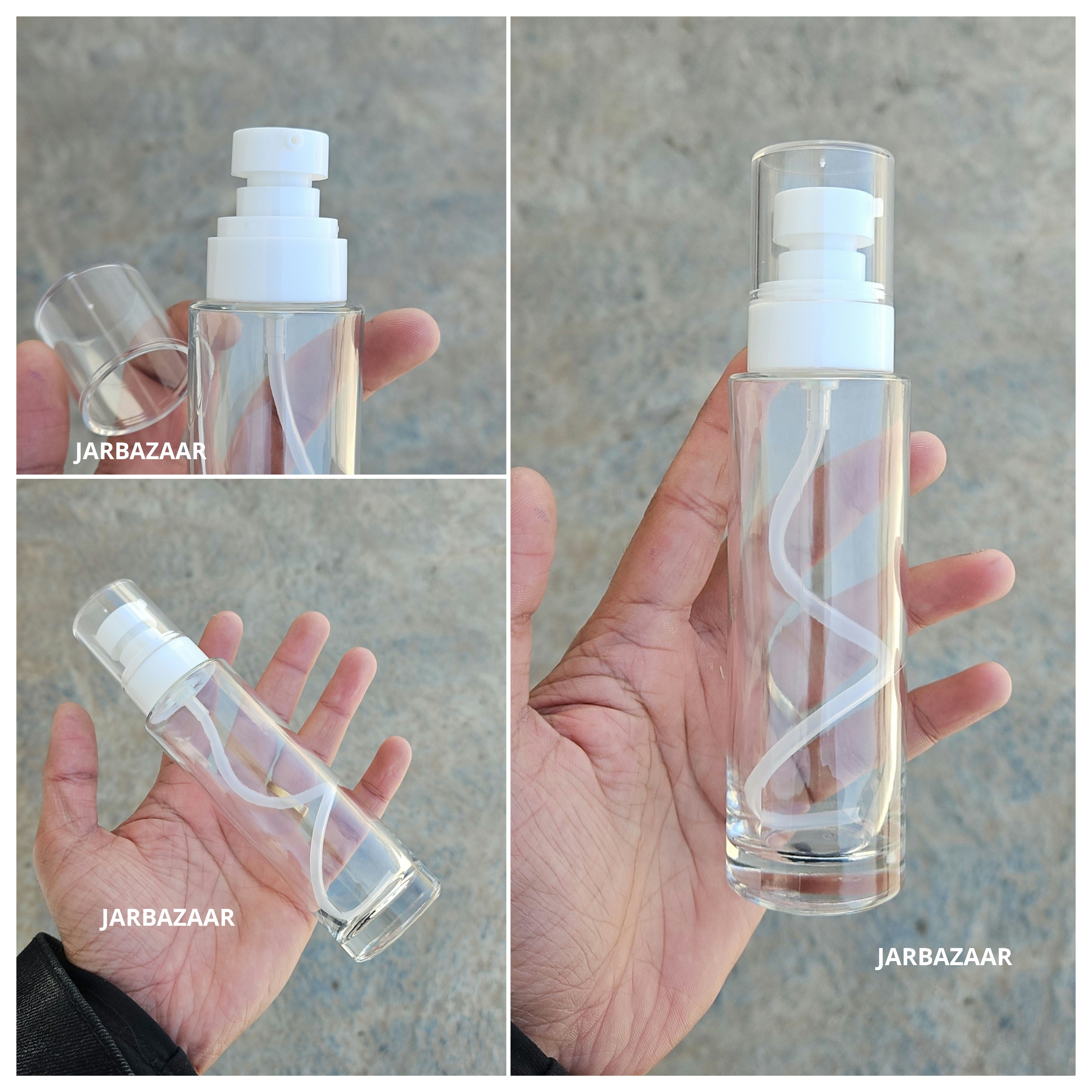 100 ML Transparent Flat Shoulder Glass Bottle (NHR SERUM PUMP)