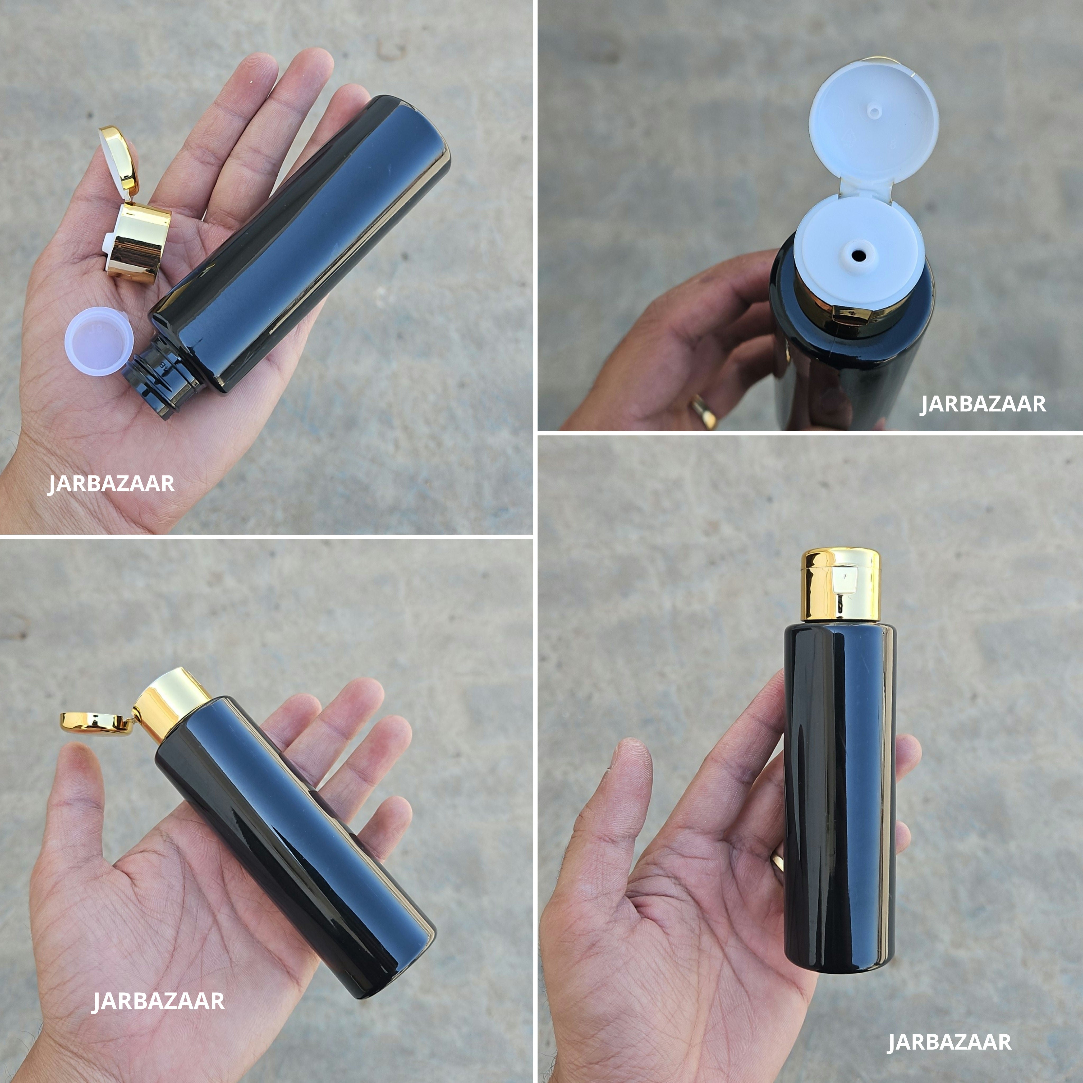 100 ML Sleek Black Pet Bottle (With Golden Fliptop Caps)