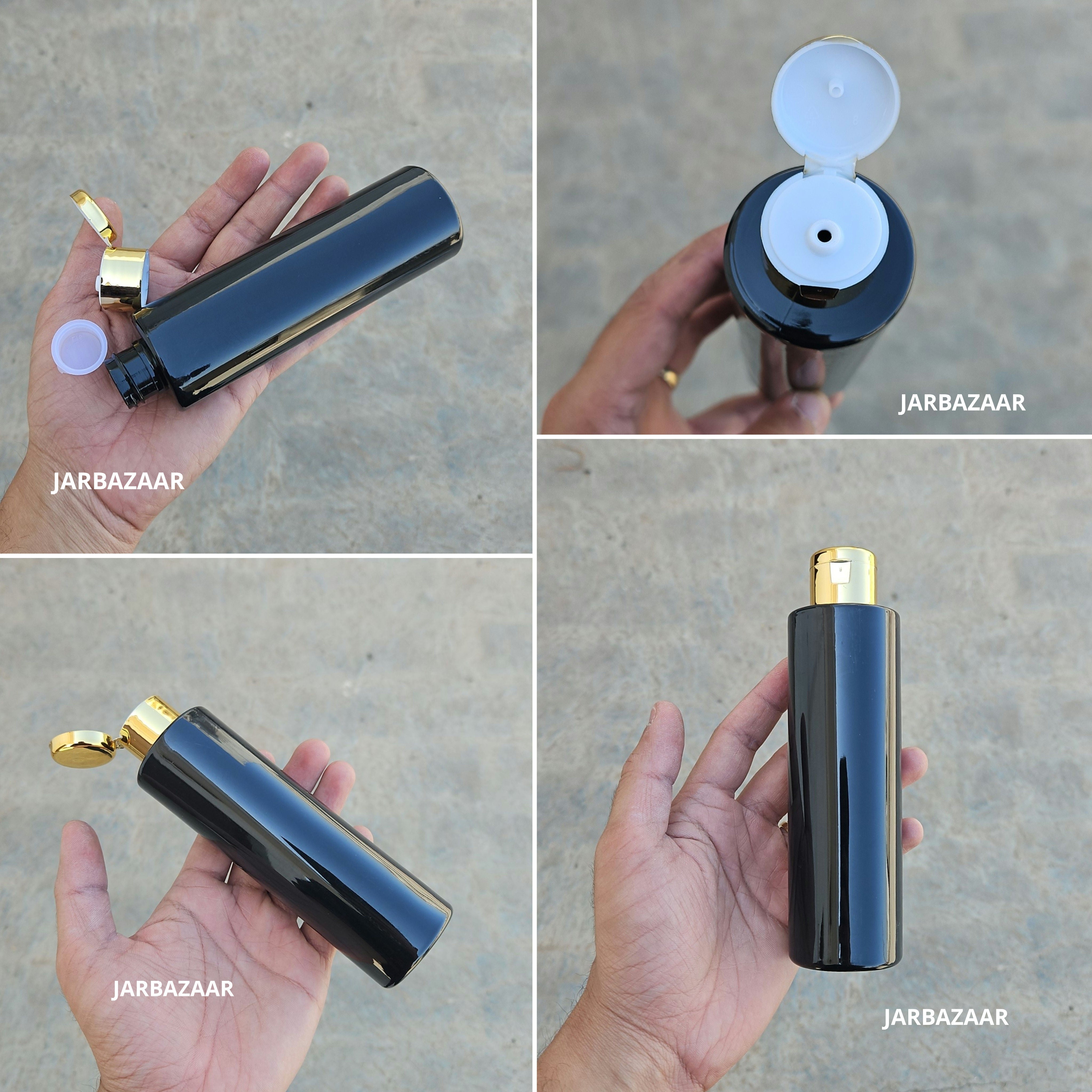 200 ML Sleek Black Pet Bottle (With Golden Fliptop Caps)