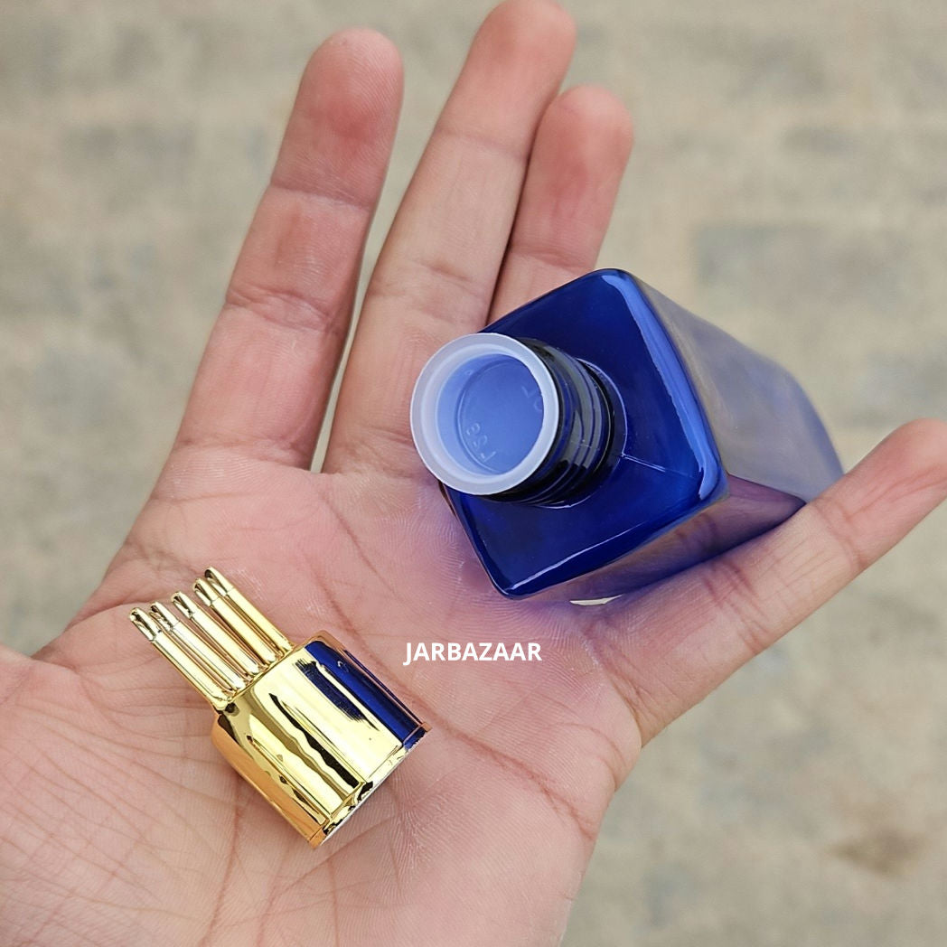 100 ML Square Blue Pet Bottle (With Golden Comb Cap)