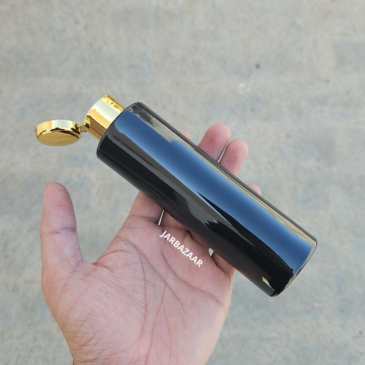 200 ML Sleek Black Pet Bottle (With Golden Fliptop Caps)