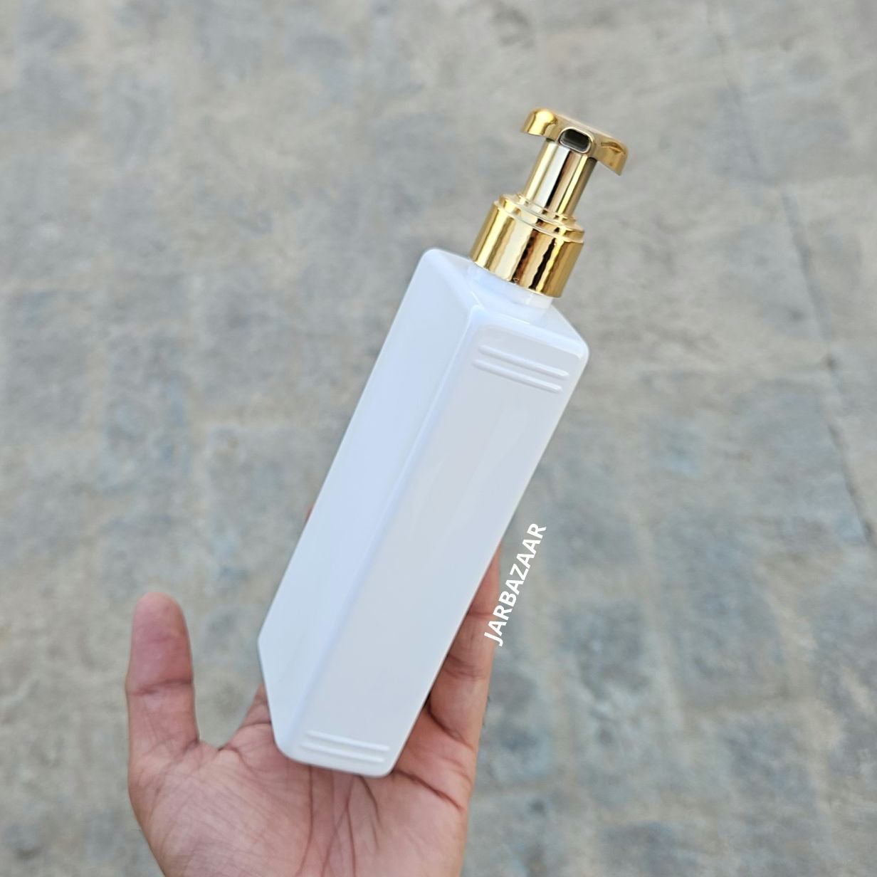 250 ML Rectangle Milky Bottle (With Premium Golden Metallic Dispenser)