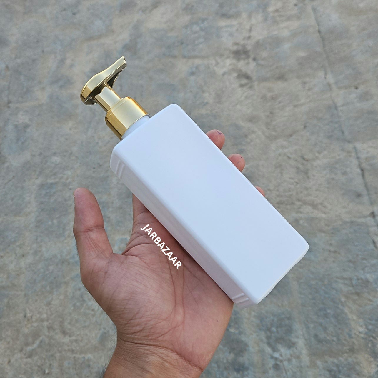 250 ML Rectangle Milky Bottle (With Premium Golden Metallic Dispenser)