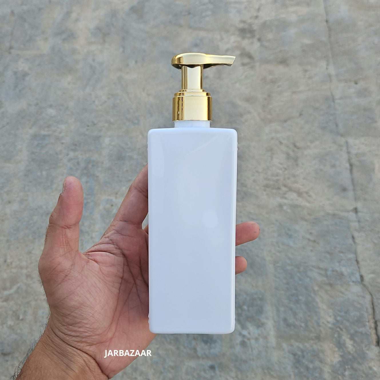 250 ML Rectangle Milky Bottle (With Premium Golden Metallic Dispenser)