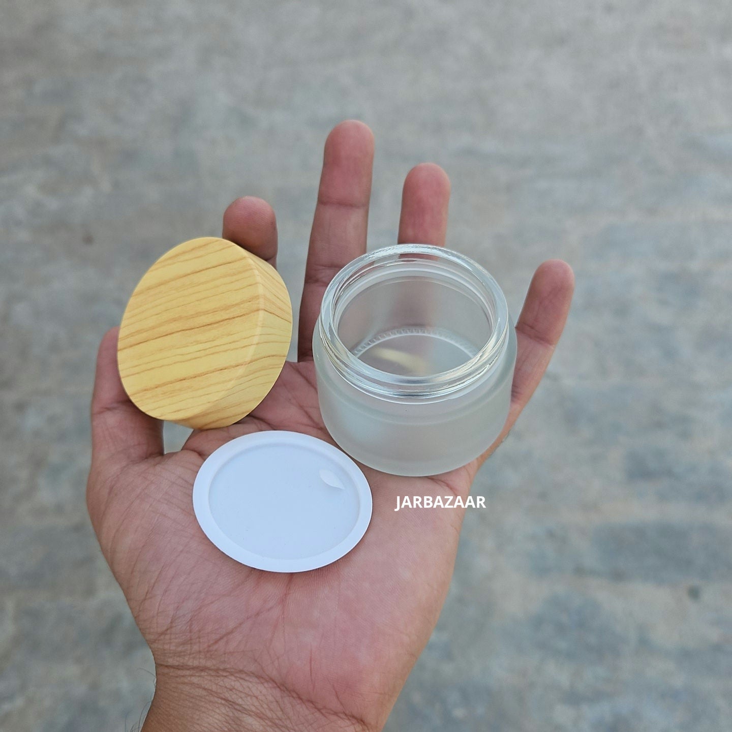 50 Gram Frosted Glass Jar (With Wooden Printed Plastic Caps)