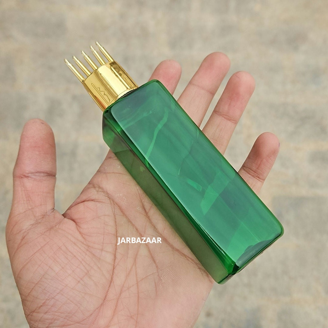 100 ML Square Green Pet Bottle (With Golden Comb Cap)
