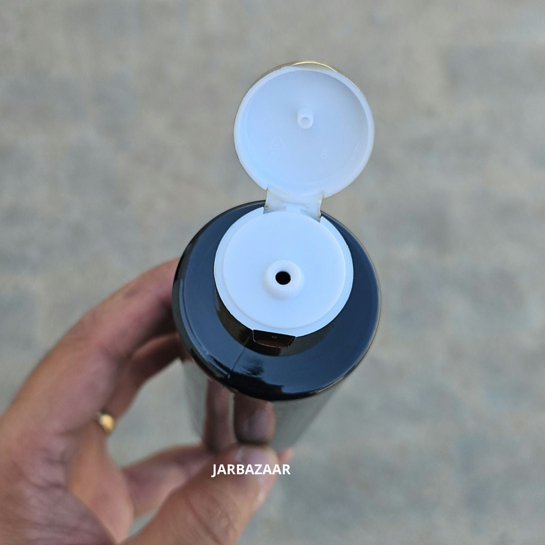200 ML Sleek Black Pet Bottle (With Golden Fliptop Caps)