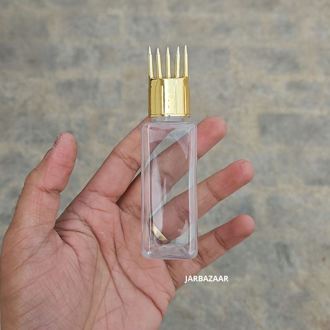 50 ML Square Transparent Pet Bottle (With Golden Comb Cap)